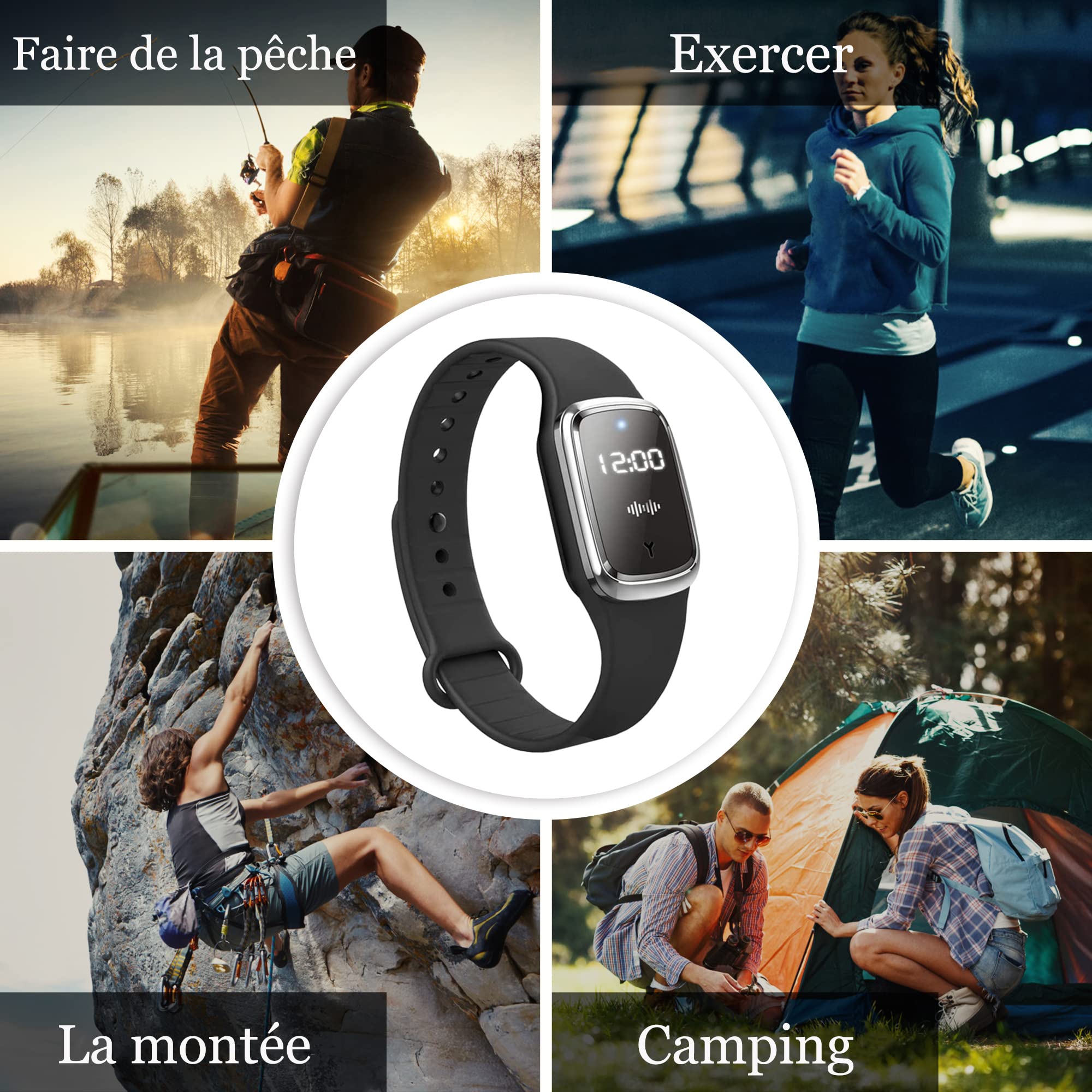 Bracelets anti-moustiques Affichage de la Température Corporelle Montre Anti-Moustiques Rechargeables USB étanches à Ultrasons pour Adultes Enfants D'intérieur D'extérieur Noir