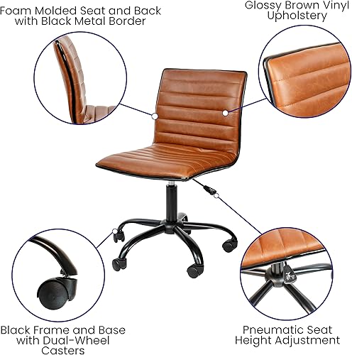 Miniatura 4 de Flash Furniture - Silla de oficina, vinilo marrón, estructura negra, sin reposabrazos, asiento y respaldo acanalados, diseño de respaldo bajo