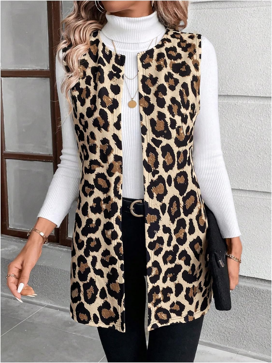 SHENHE Women's Leopard Print Long Vest Open Front Animal Print Sleeveless Long Jacket Outerwear - Image 5
