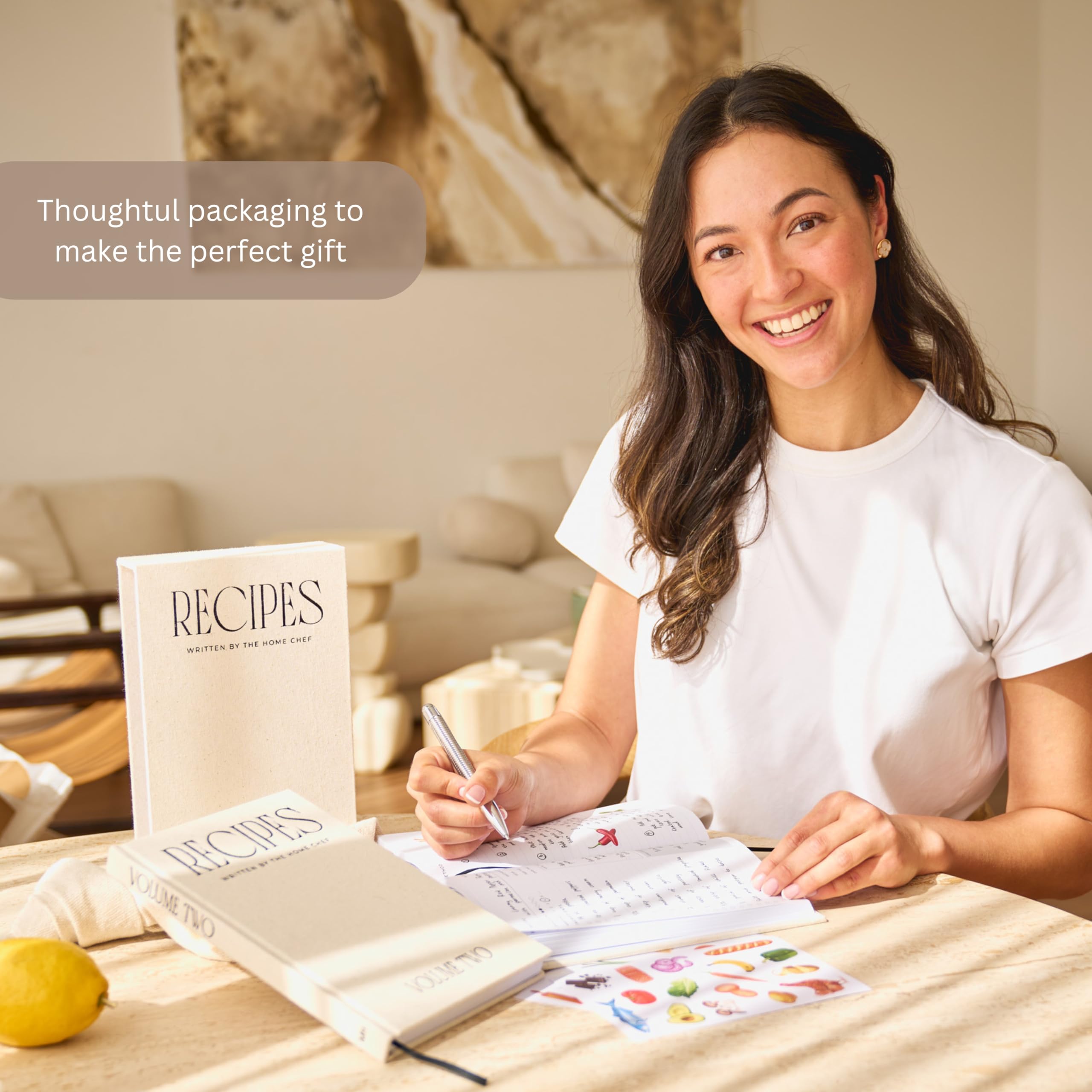 Moncur Home Juego de 2 libros de recetas en blanco para escribir en tus propias recetas, caja de recetas de lino beige, hojas adhesivas, cuaderno de recetas, libro de cocina, diario de recetas,