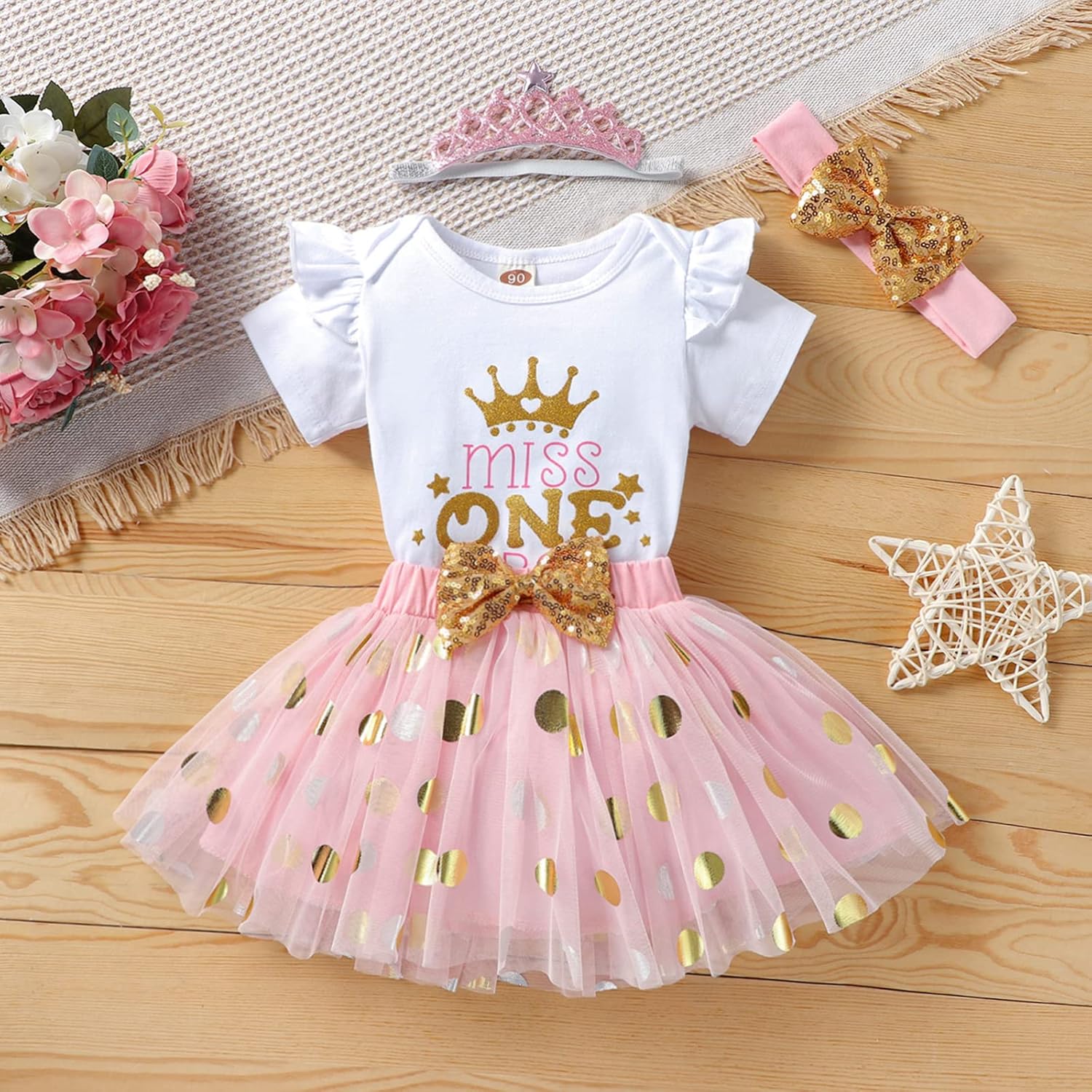 Baby Girls 1st First Birthday Outfits Cotton Romper TuTu Skirt Set with Sequins Bowknot Headband 3Pcs - Image 4