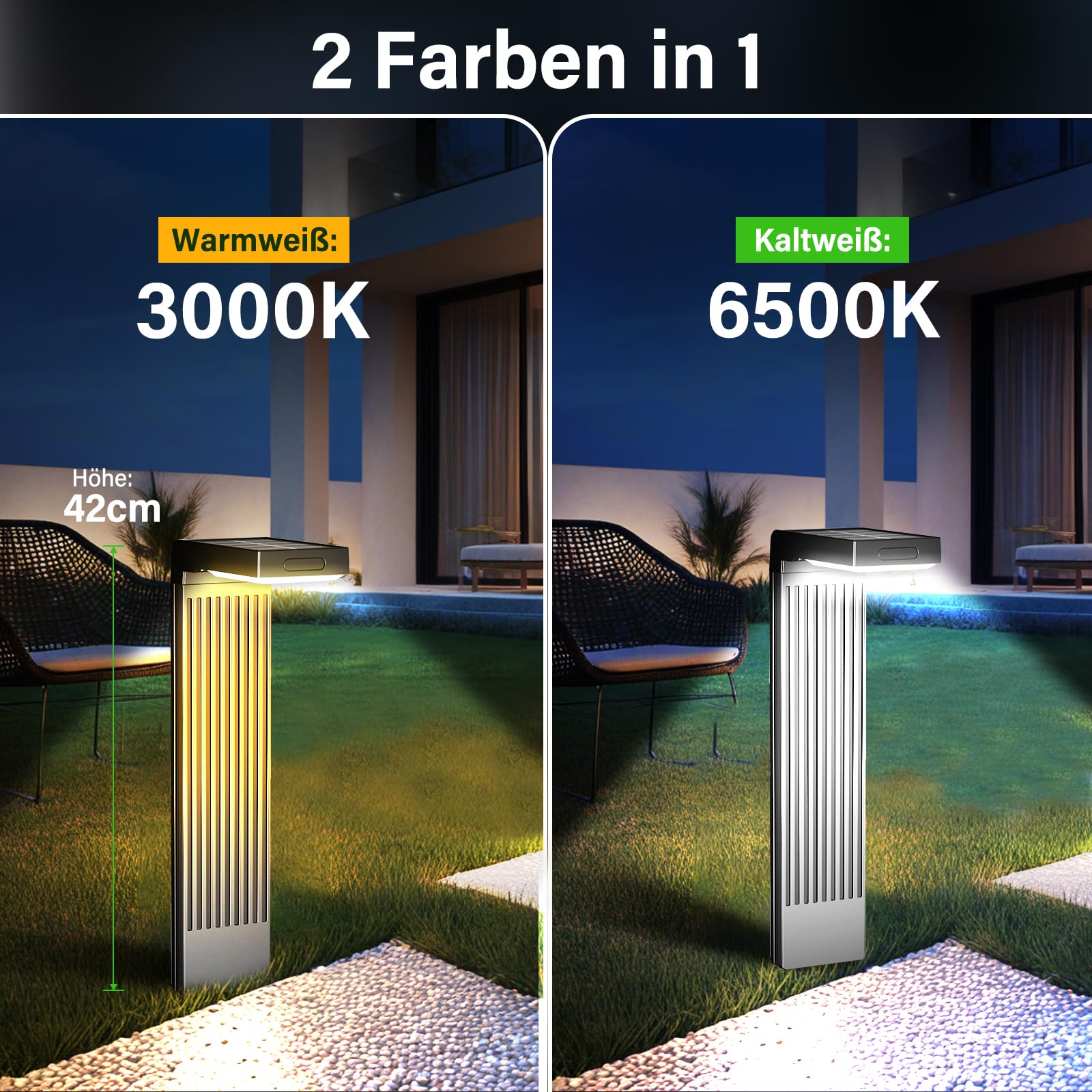 6 lámparas solares para exteriores, 400 lm, luces solares para jardín con detector de movimiento, cambio de color de 2 fases (3000 K/6500 K) LED, IP65 resistente al agua para patio, entrada y | 400lm LED Jardín 2 Temperatura de Color (3000K/6500K) IP65 Im