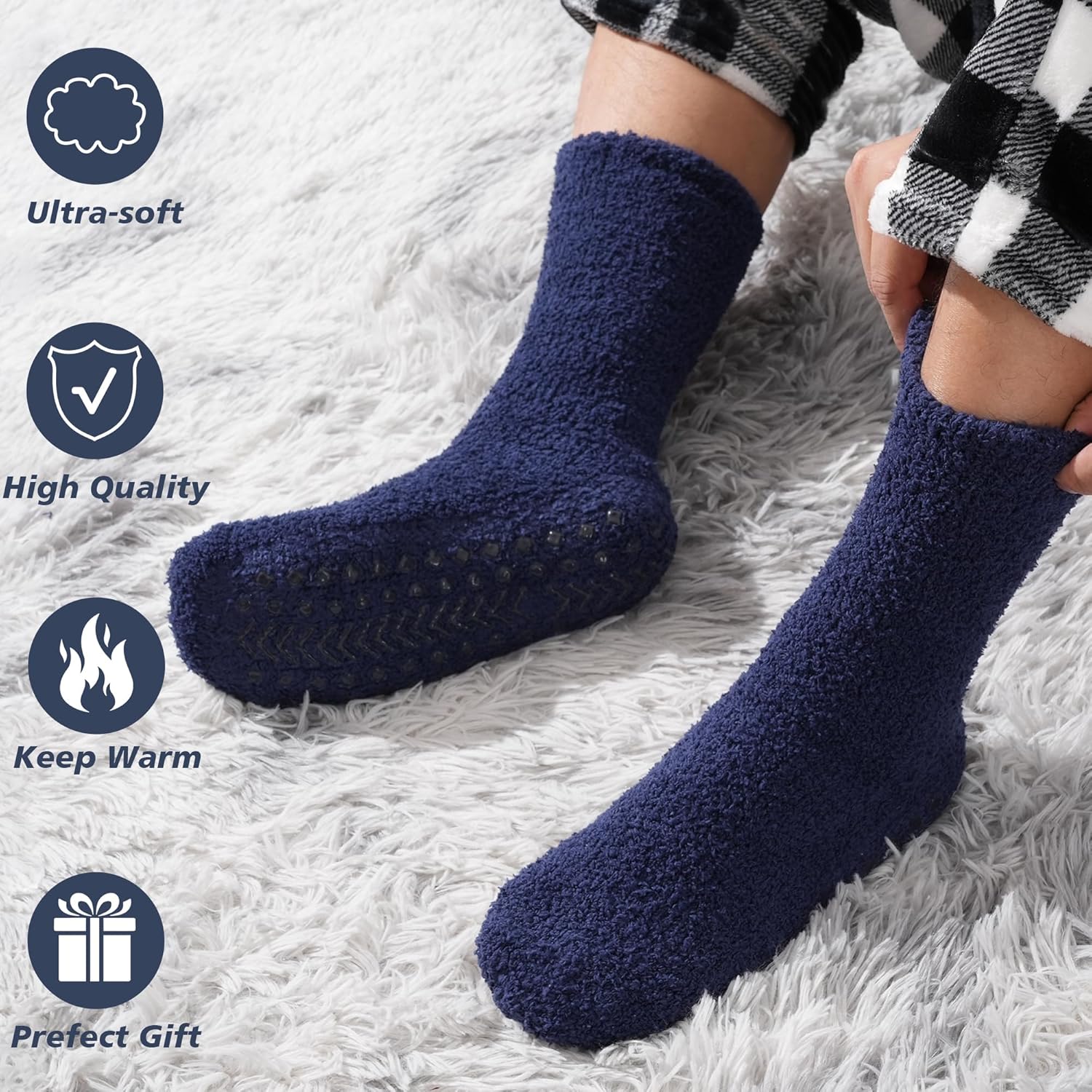 Toes Home Fuzzy Socks Men with Grips, Winter Fluffy Slipper Socks Hospital Cozy Warm Non-slip Thick 5 Pairs - Image 3