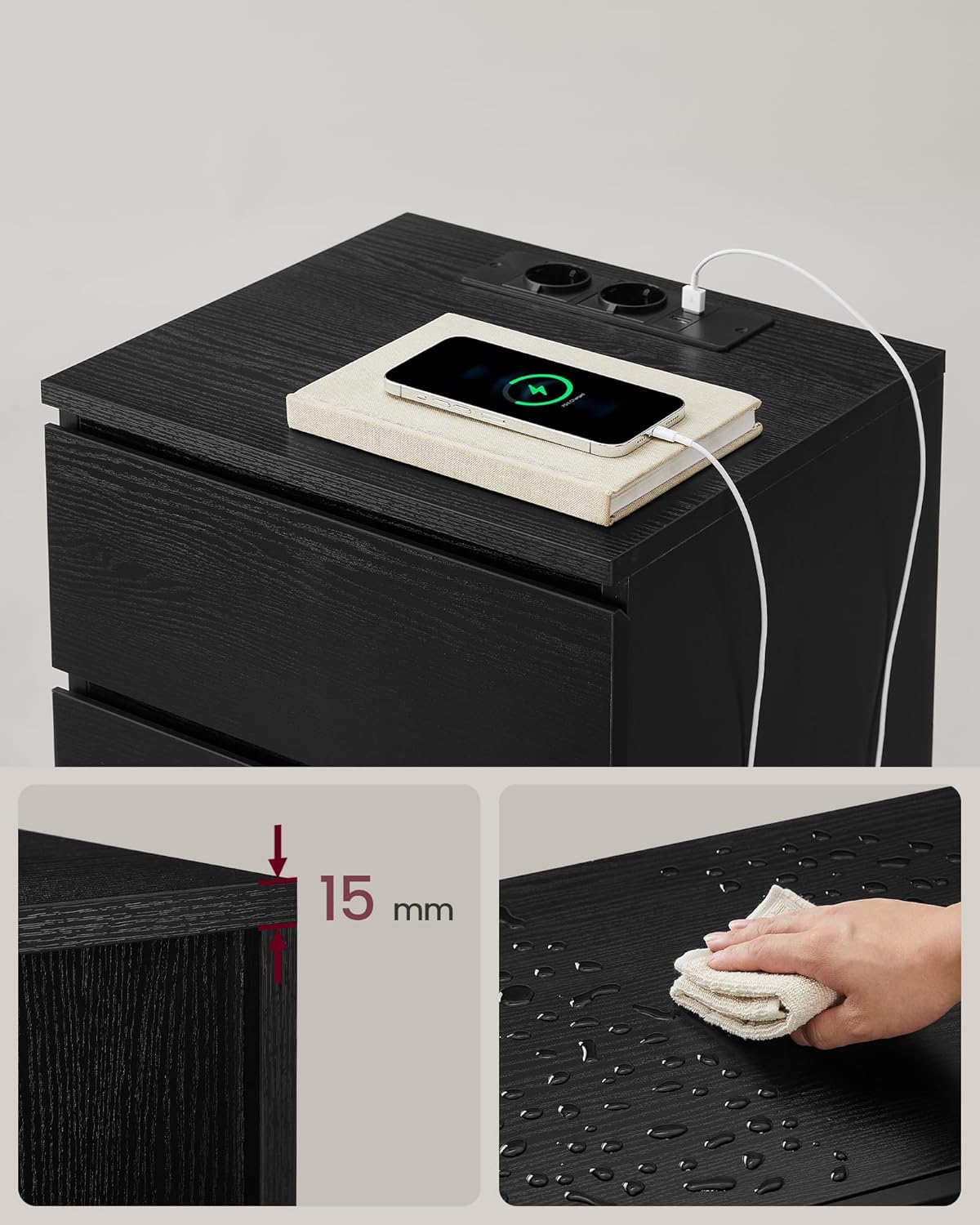 A drawer of the VASAGLE LET831B56 nightstand pulled open, revealing stored items like a tablet and small accessories.