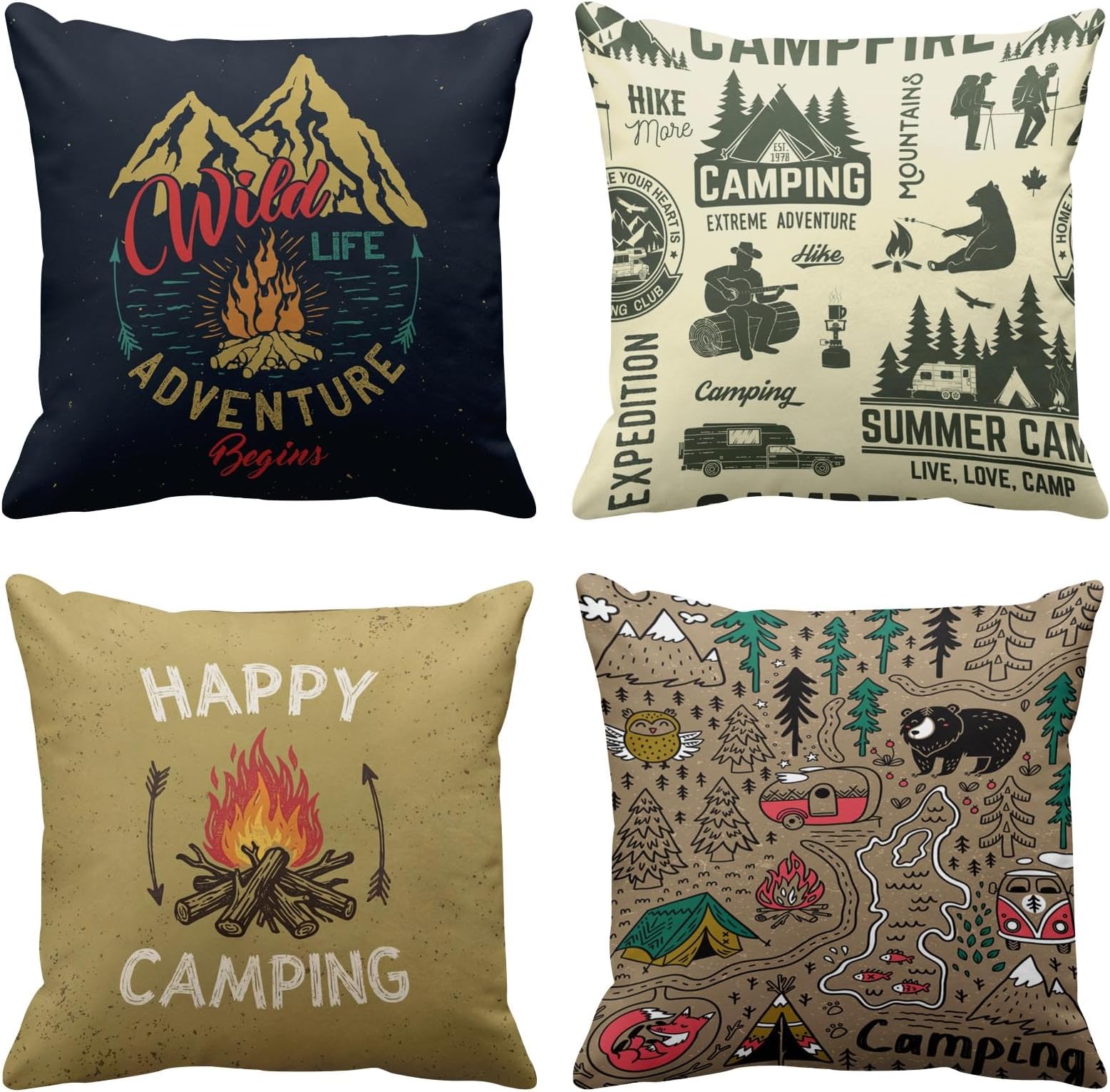 Emvency Set of 4 Throw Pillow Covers Camp with Mountain Campfire and Forest Camping Adventure Vintage Decorative Pillow Cases Home Decor Square 16x16 Inches Pillowcases
