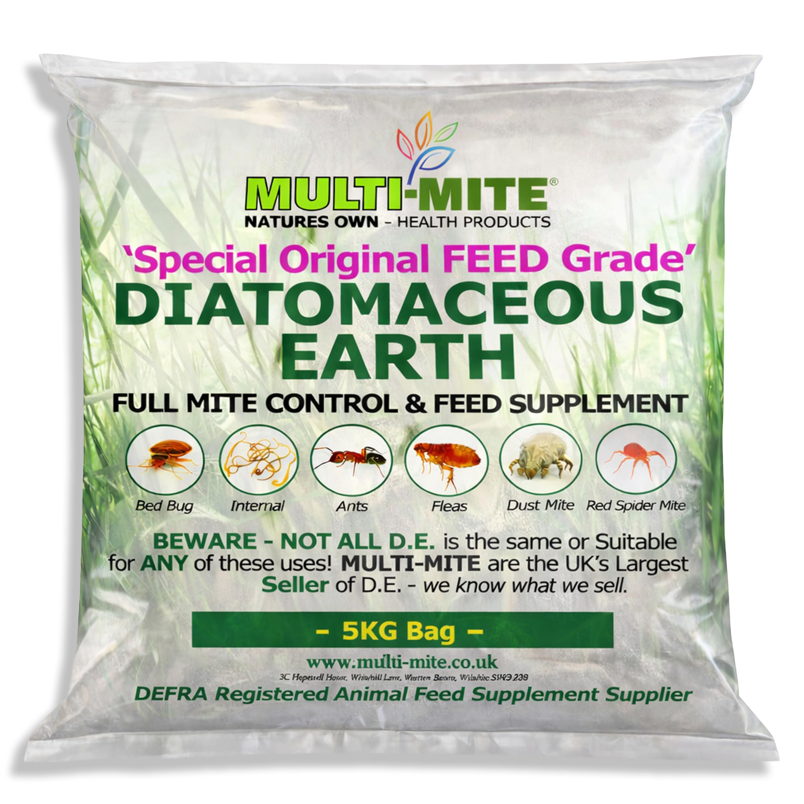 Multi-Mite® 5KG DIATOMACEOUS EARTH Feed Grade DE - Red Mite Fleas and All Animal Lice Control Powder