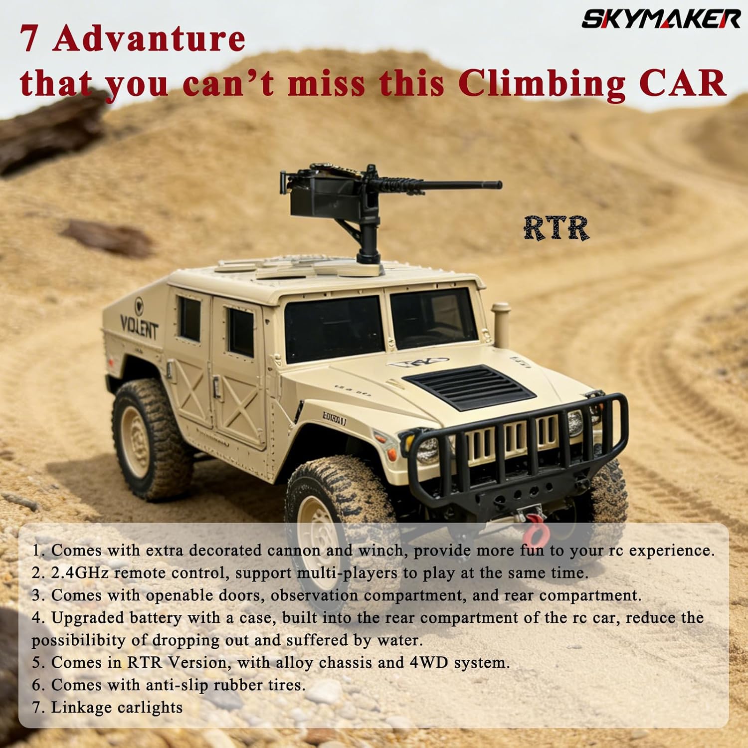 Skymaker RC Military Truck, Humvee 2.4Ghz Remote Control Truck, 4WD RC Hummer with Winch & Machine Gun, Khaki