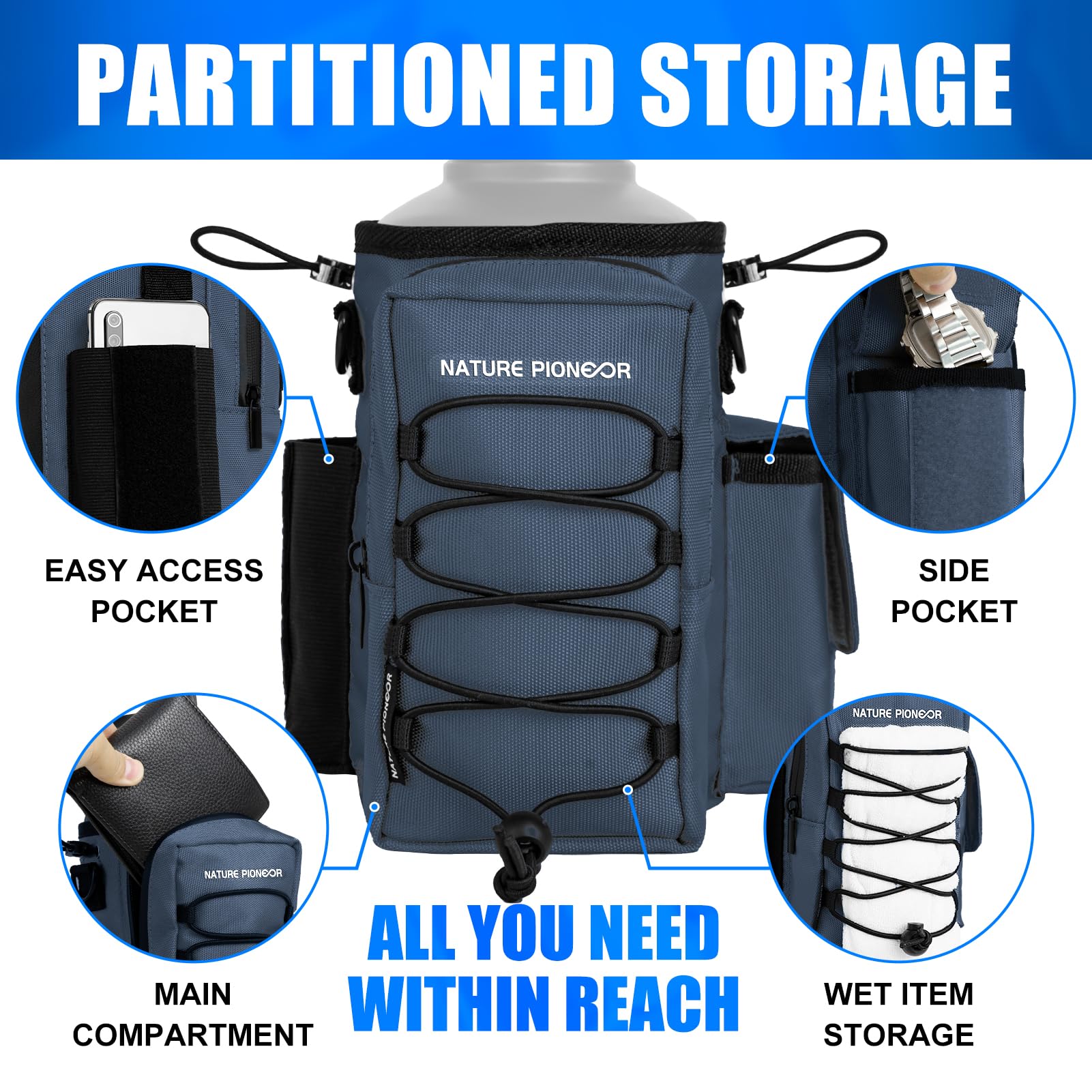 NATURE PIONEOR Magnetischer Turnbeutel für Damen und Herren – Magnet-Wasserflaschenhalter, Tragetasche, Schultertrage mit Schultergurt, Fitness-Zubehörtasche, Handytaschen für Sport, Wandern, Reisen