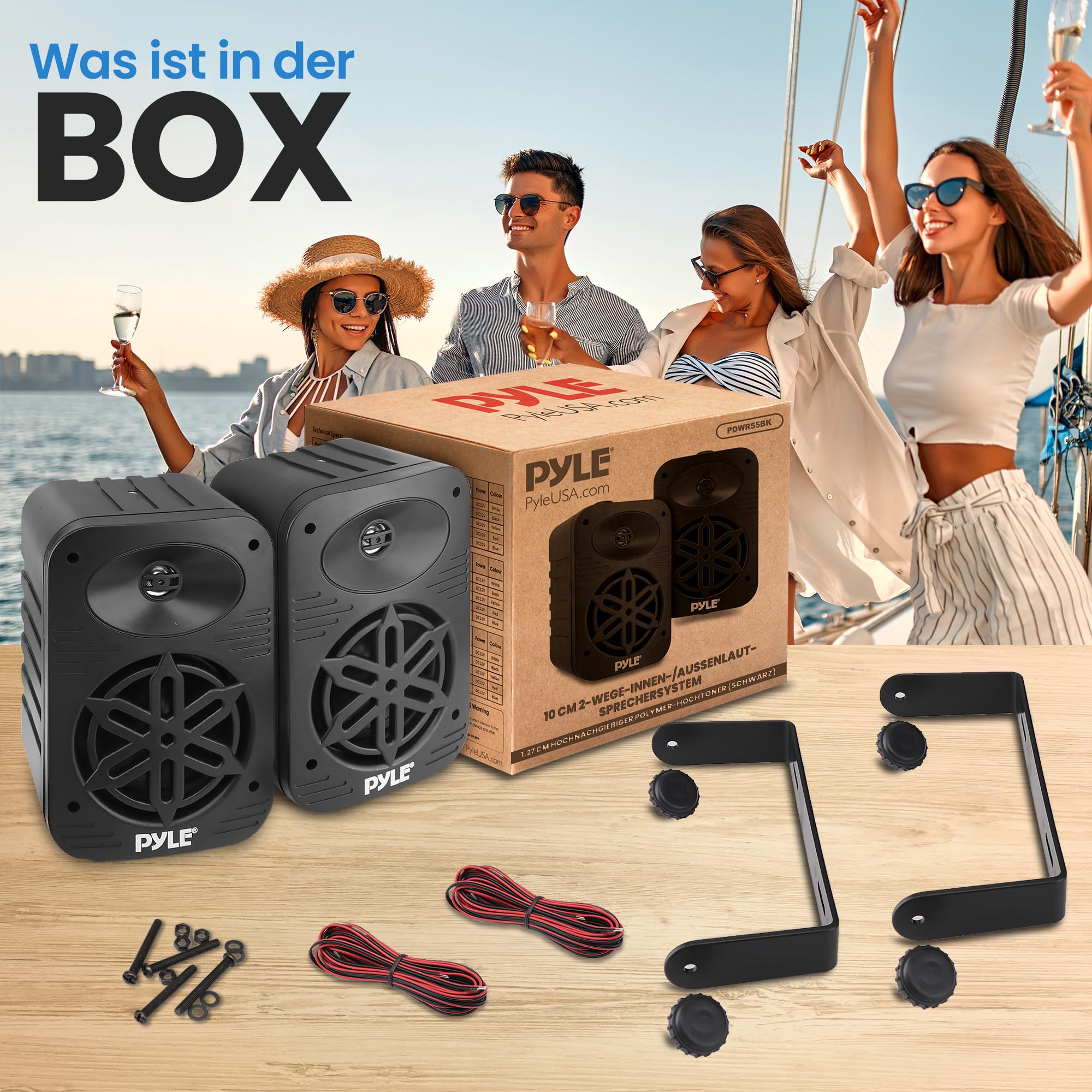 Pyle Lautsprecher Set Outdoor Indoor – 500W 4” 2-Wege Boxen wasserdicht Full Range Stereo Sound, Wetterfest für Boot, Terrasse, Pool Wired Lautsprecherboxen Schwarz