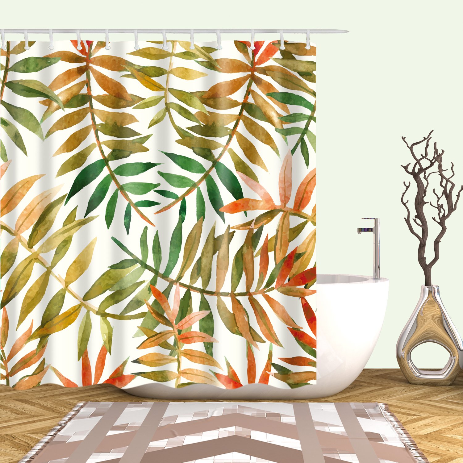 StoneMaxi 180x180cm Flower Shower Curtain for Bathroom, 100% Polyester Fabric Waterproof Anti-Mould Proof Resistant, Quick-Drying, Washable with 12 Pcs Hooks (71 x 71 Inch) (Leaf-7)