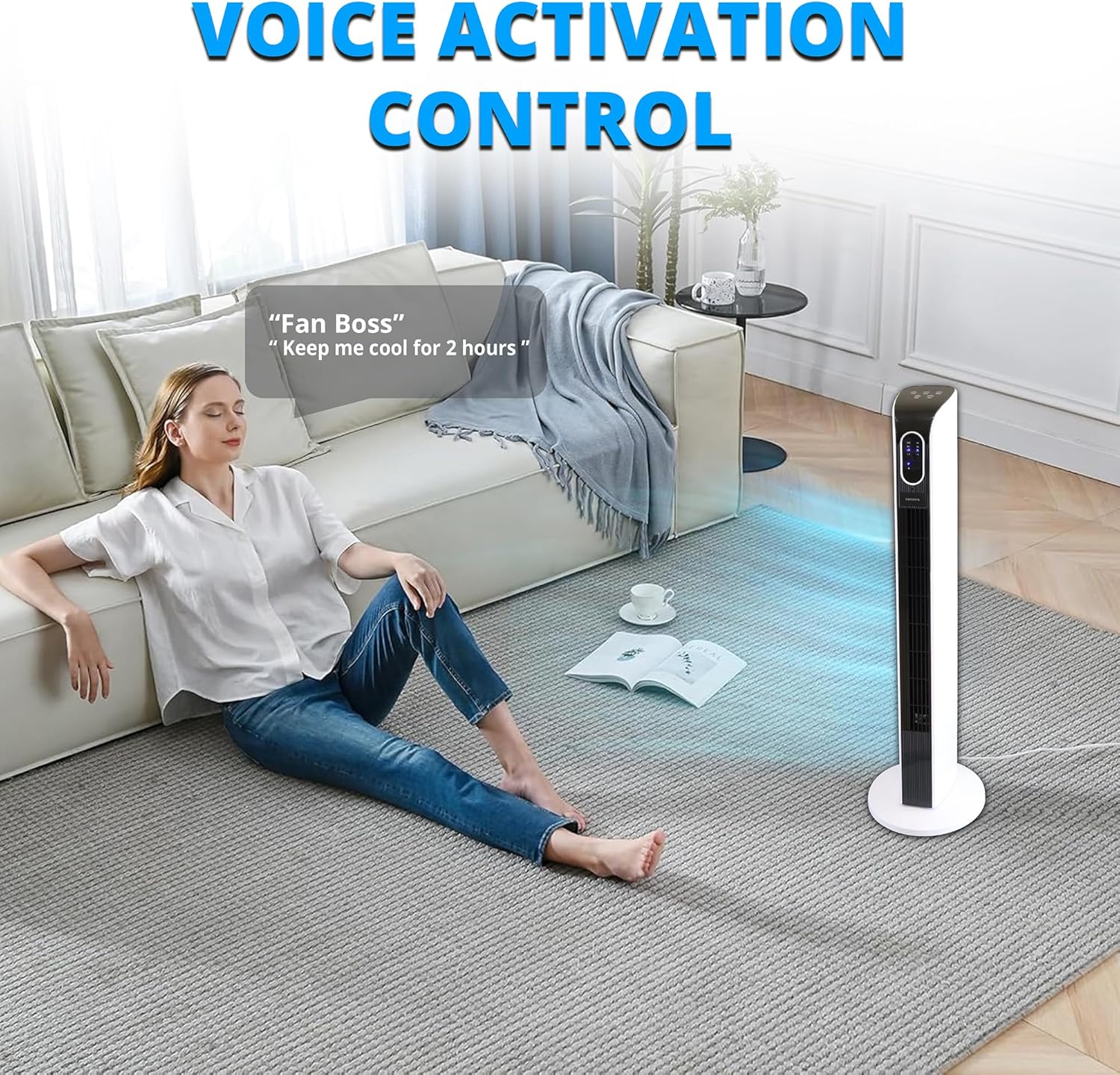 Aiwa Voice Activated Intelligent 34" Tower Fan, 15+ Voice Commands, Three Speeds, 60 Degree Oscillation, Hands Free Activation, 650 sq ft, 8 Hour Timer, Normal Natural and Sleep Modes