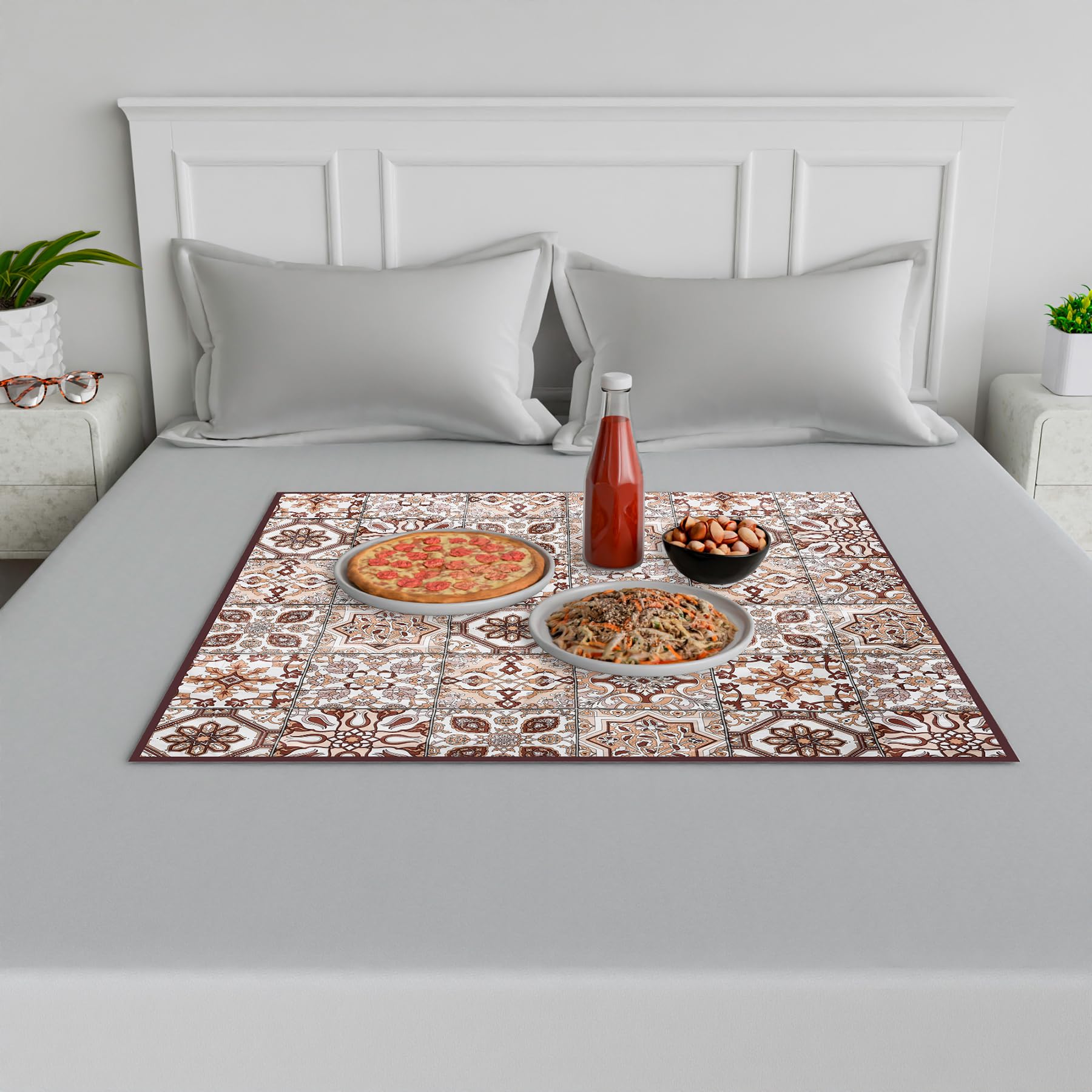 Kuber Industries Polyvinyl Chloride Food Mat | Waterproof Bedsheet Protector | Reversible Bed Server Mat | Star Design Square Mattress Protector | Food Mat for Kids | 90 Cm | Brown