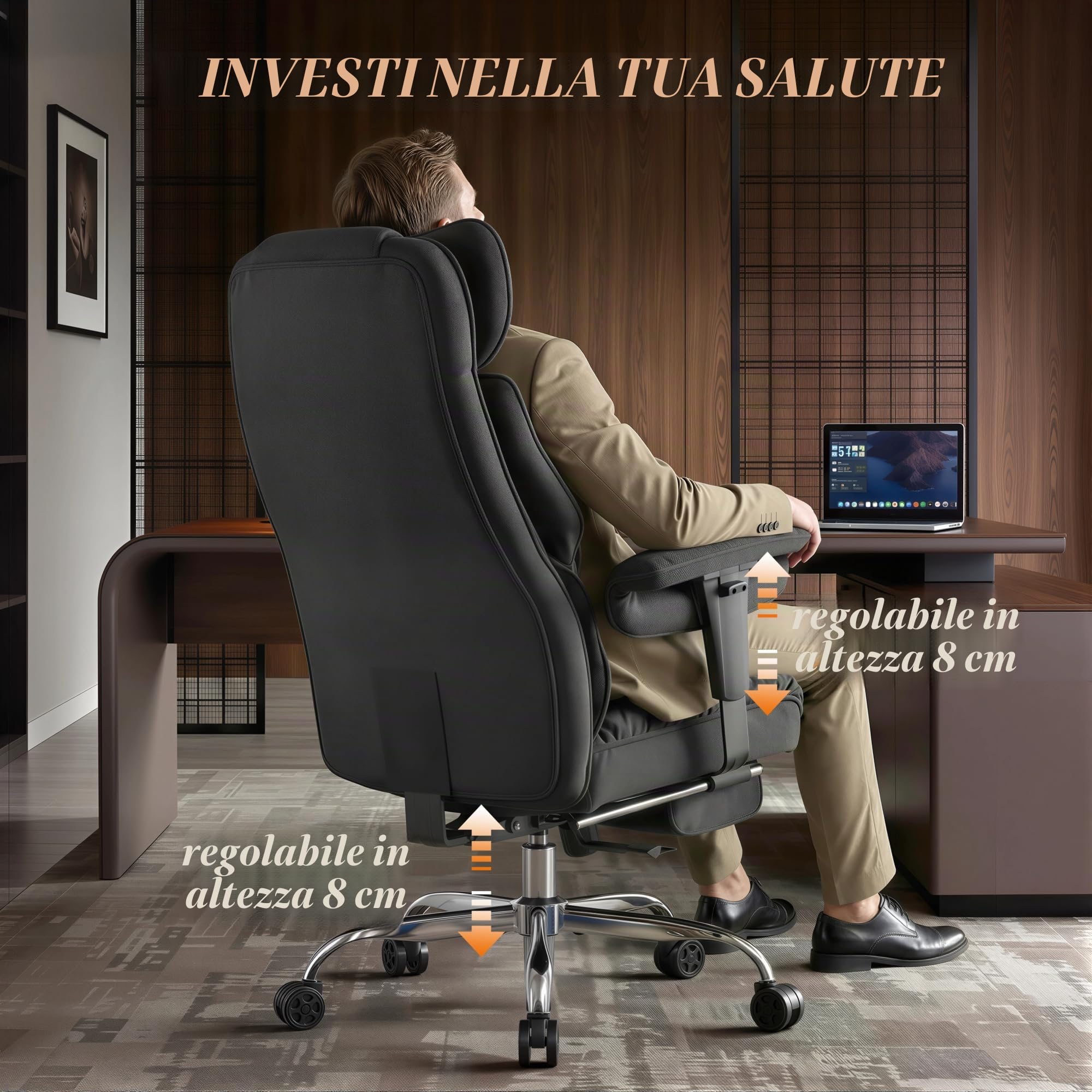 Efomao Sedia da Ufficio Ergonomica in Tessuto, Poltrona Scrivania Reclinabile con Poggiapiedi Estraibile, Schienale Alto, Supporto Lombare, Sedia Girevole per PC, Smart Working e Gaming (Nero)