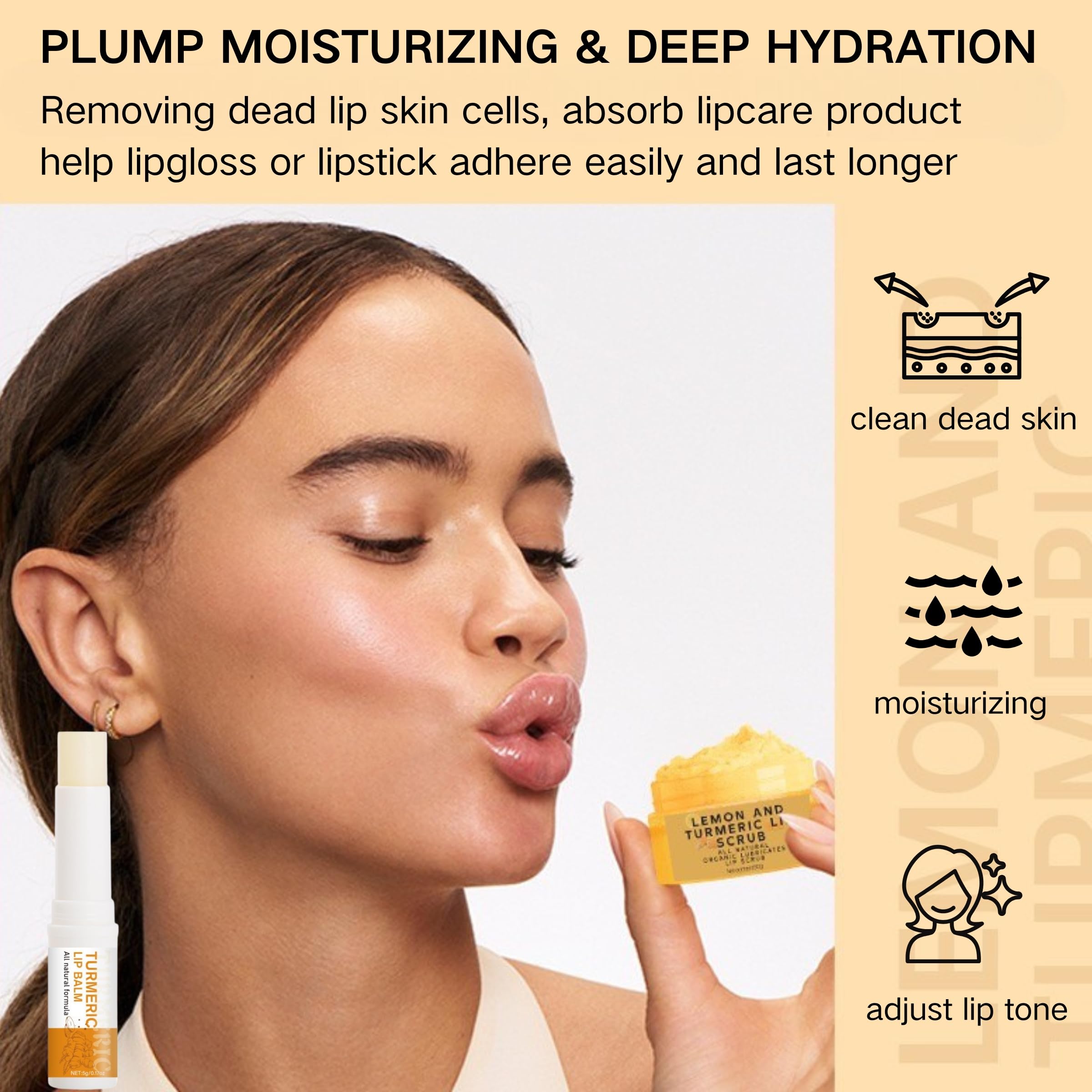 Exfoliante labial de cúrcuma y limón y bálsamo labial de cúrcuma con juego de pinceles, elimina las líneas finas de los labios, exfoliante de labios, exfoliante labial natural para labios secos 7