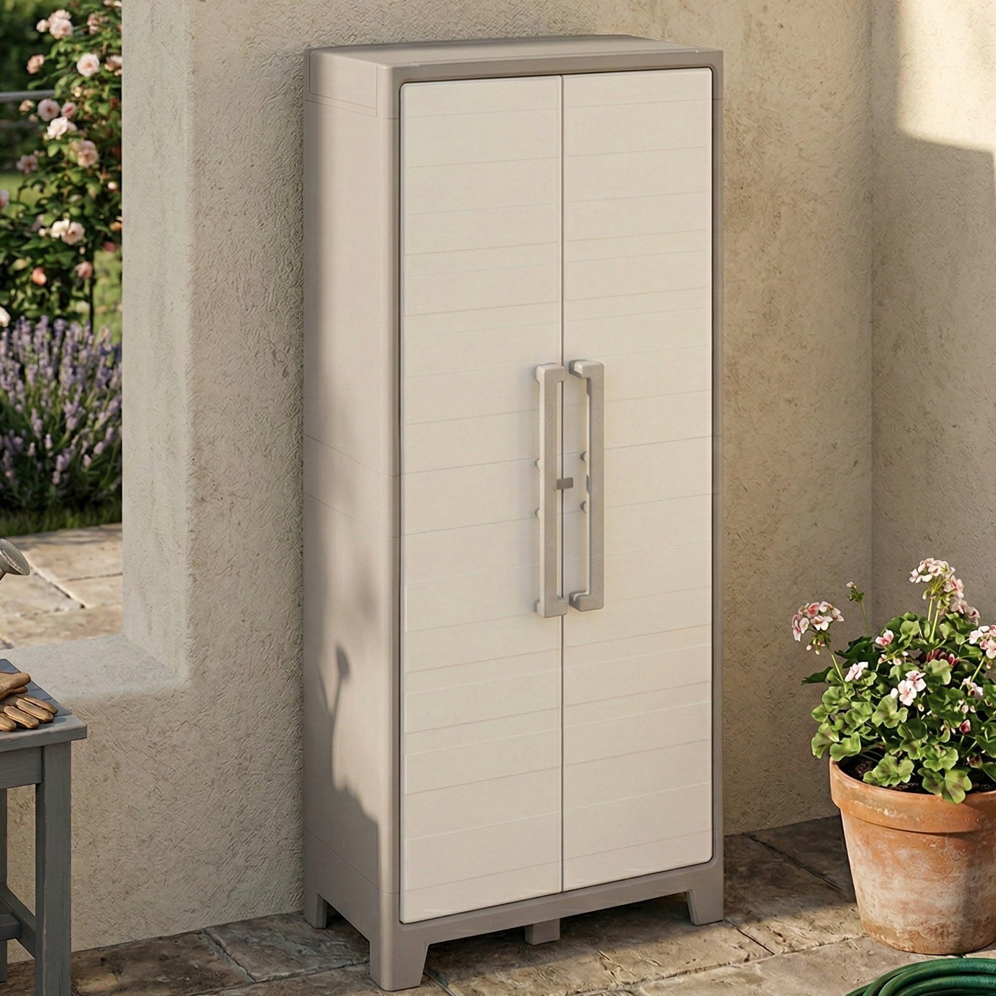 Gulliver Hoher Schrank, 4 verstellbare Einlegeböden, für den Außenbereich, ideal für Balkon und Garten, Sandfarben/beige, 80 x 44 x 182 (H) cm Küche, Haushalt & Wohnen