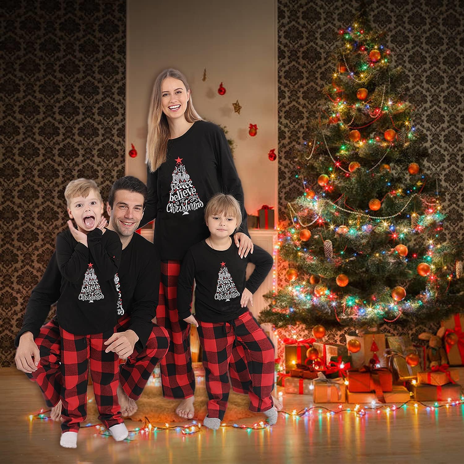 Matching Christmas Pajamas for Family, Funny Holiday Cute Let It Snow Print Tops Plaid Pants Xmas Sleepwear Pjs Set - Image 2