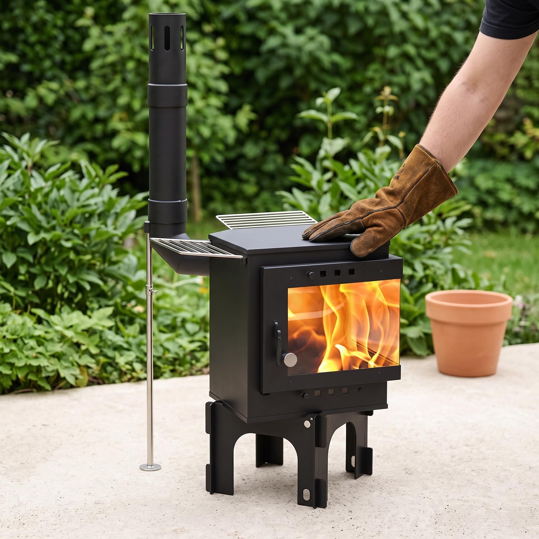 Stufa Multifuel per Campeggio e Giardino, Fornello da Esterno Portatile con Griglia BBQ e Visione del Fuoco
