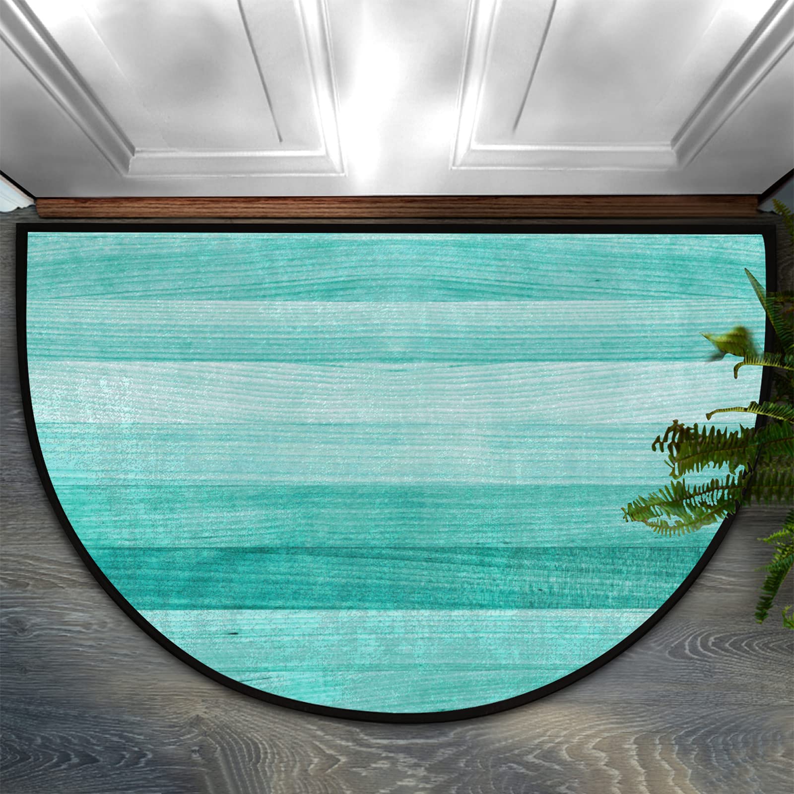 AUUXVA Teal Turquoise Half Round Door Mat Indoor Entrance, Green Painted Wood Background Non Slip Absorbent Doormats, 24 x 36 Wear Resistant Semi Circle Floor Mats Area Rugs for Home Kitchen Patio