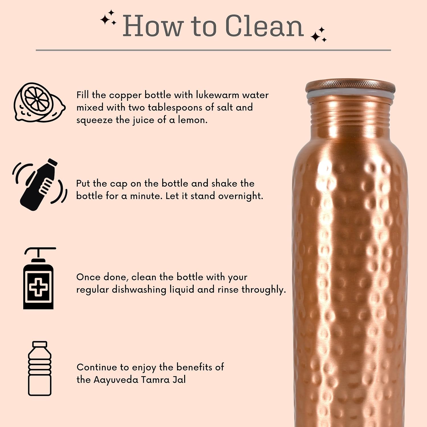 Pure Copper Bottle | 34Oz Water Bottle For Drinking | Leak-Proof Hammered Design Bottles For Home, Gym, School & Travel | Durable, Rust Proof & Handmade Bottles | Ayurvedic Copper Cups