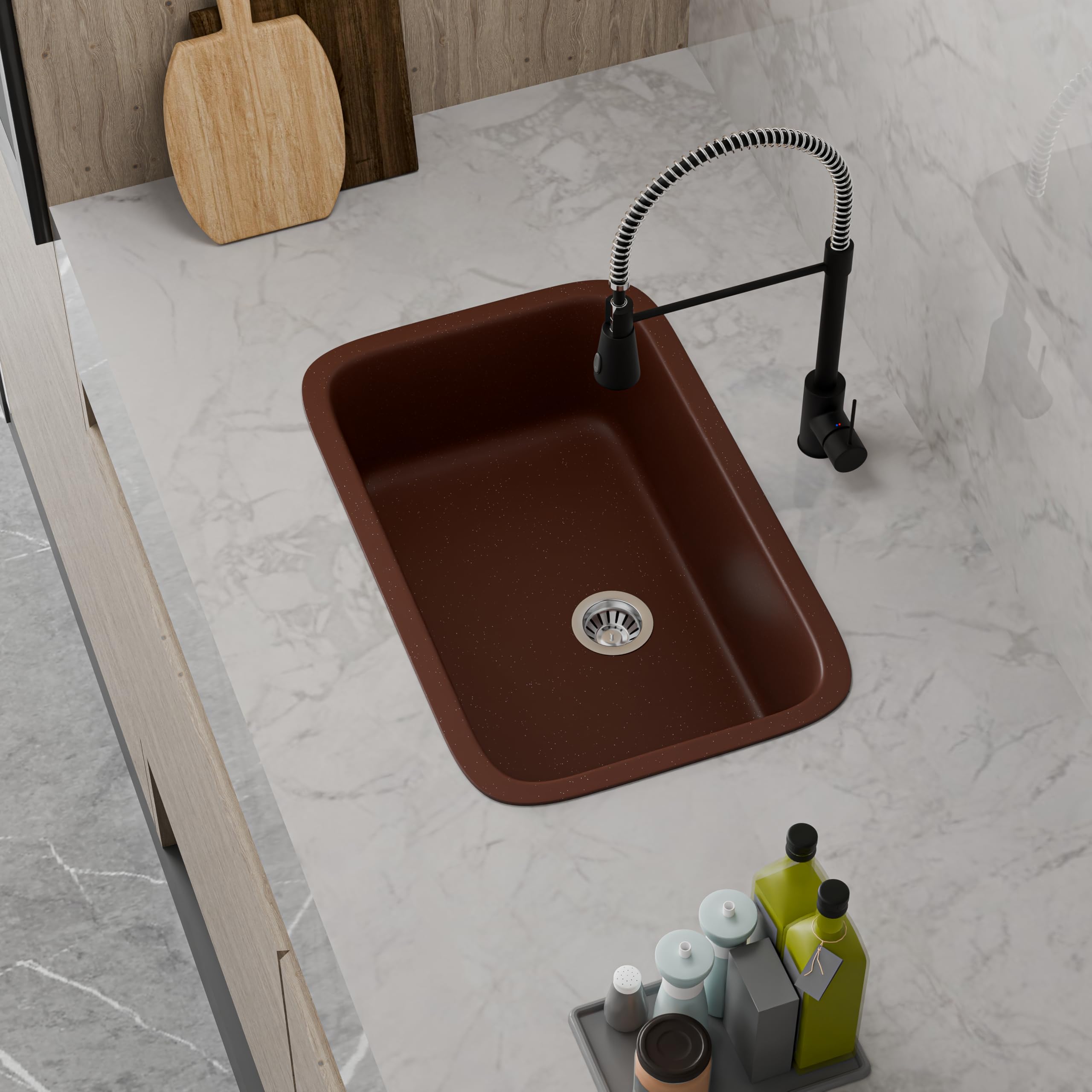 HISRE Quartz Single Bowl Kitchen Sink with Round Corners | 31x19x10 Inches | Noise Reducing Durable Easy to Clean Scratch Resistant Kitchen Sink for Modern Homes | Brown, photo 3 of 5