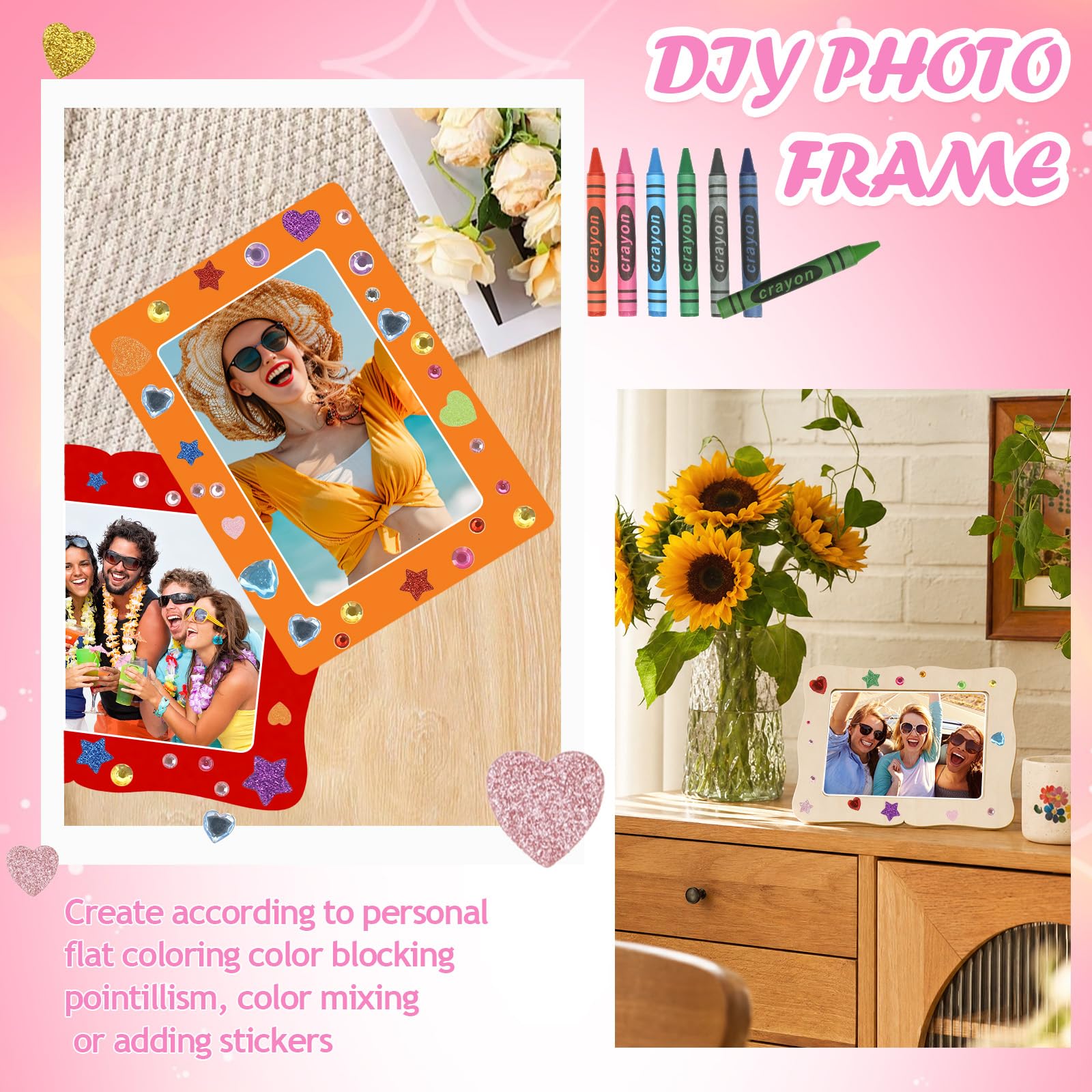 24 Stück Holzbilderrahmen zum Bemalen Set | DIY Fotorahmen Holz Unbehandelt mit Glitzersteinen Sticker und Stiften Kindergeburtstag Bastelset Stehend Hängend