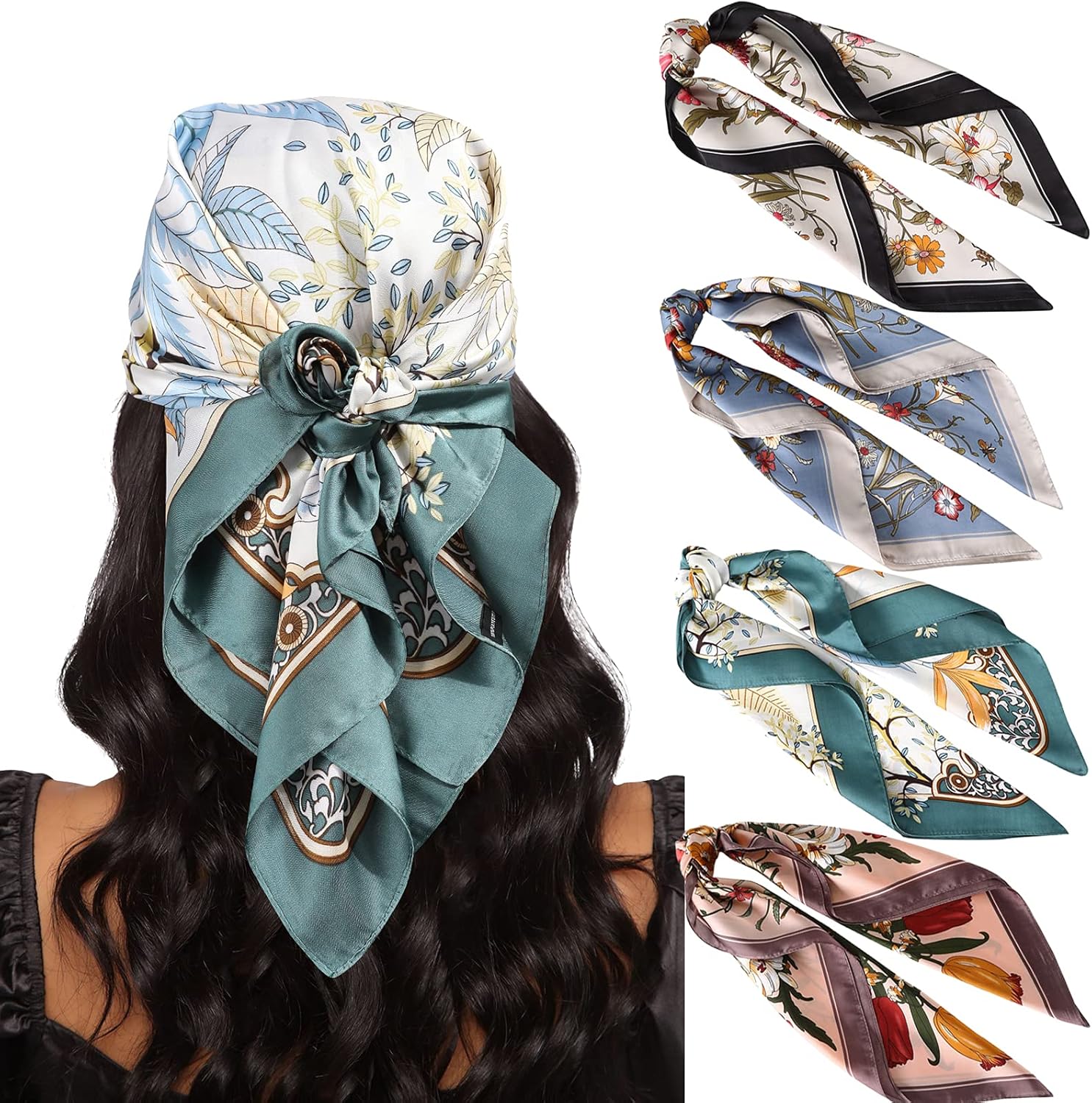 AWAYTR 27.5” Silk Satin Square Head Scarf - 4PCS Satin Head Scarves for Women Hair Kerchief Bandanas Sleeping Head Wraps