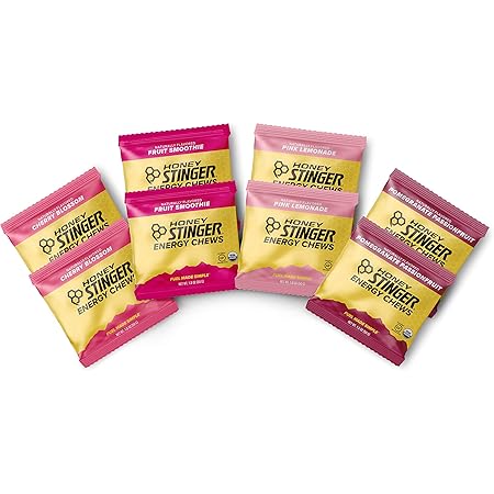 Honey Stinger Organic Energy Chews – Variety Pack with Sticker – 8 Count – Chewy Gummy Energy Source for Any Activity - Pink Lemonade, Fruit Smoothie, Pomegranate Passionfruit & Cherry Blossom