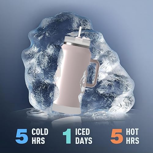 Miniatura 6 de KISSKIND Botella de agua de 64 onzas con asa y pajilla, vaso de acero inoxidable aislado de medio galón, a prueba de fugas, con 2 tapas, bota de