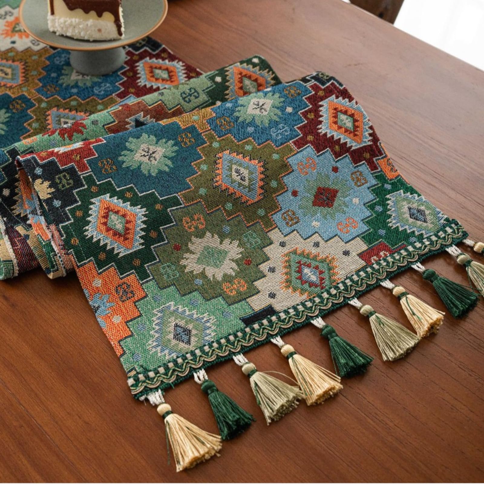 Runner da Tavolo Poliestere Cotone 33x400 cm, Runner da Tavola Moderno Lavabile Motivo Rombi Jacquard con Nappe Decorazioni per Tavolino da Compleanni Matrimoni, Blu Verde