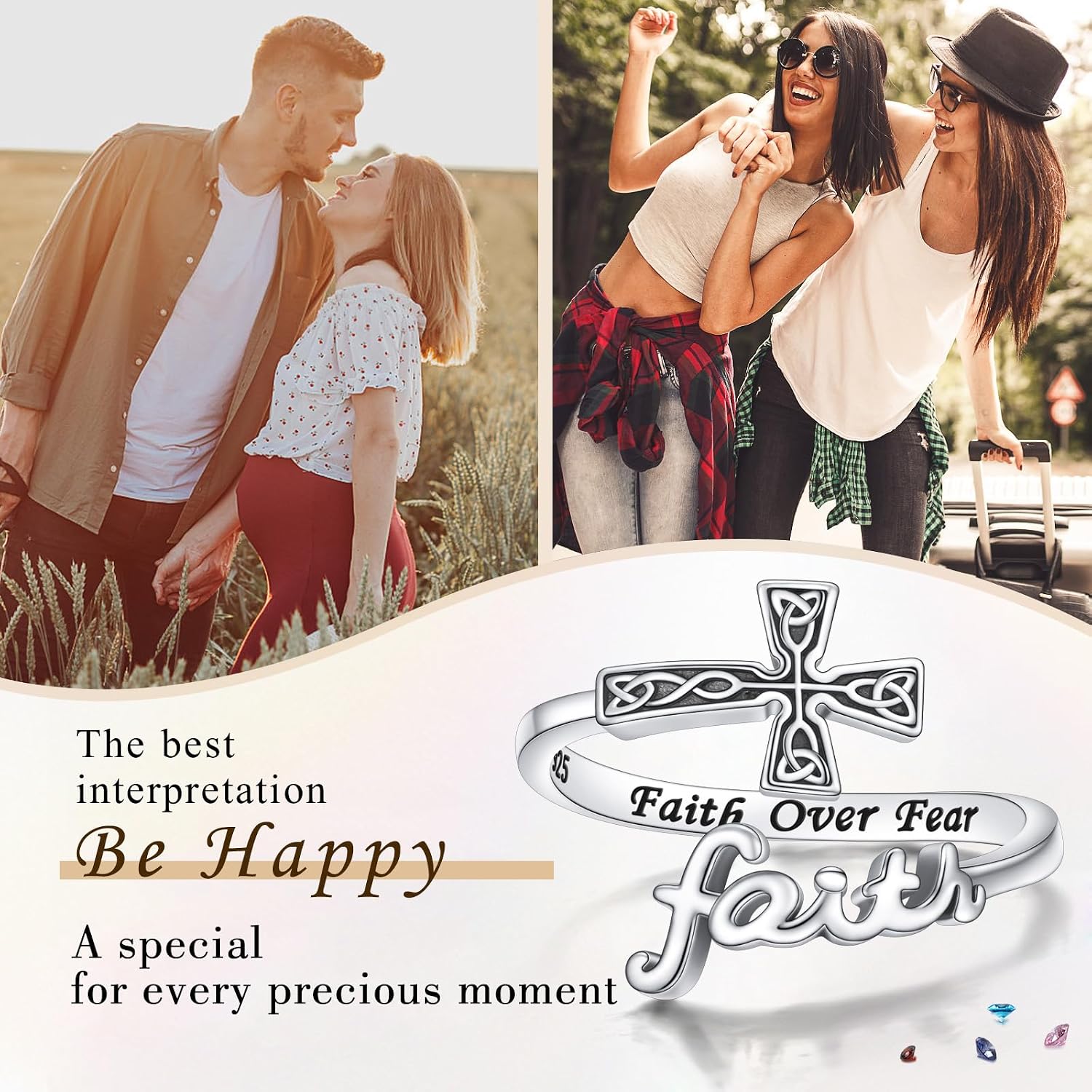 DAOCHONG Cross Rings for Women 925 Sterling Silver Faith Cross Adjustable Ring Sacred Purity Rings Inspiration Christian Faith Jewelry For Women