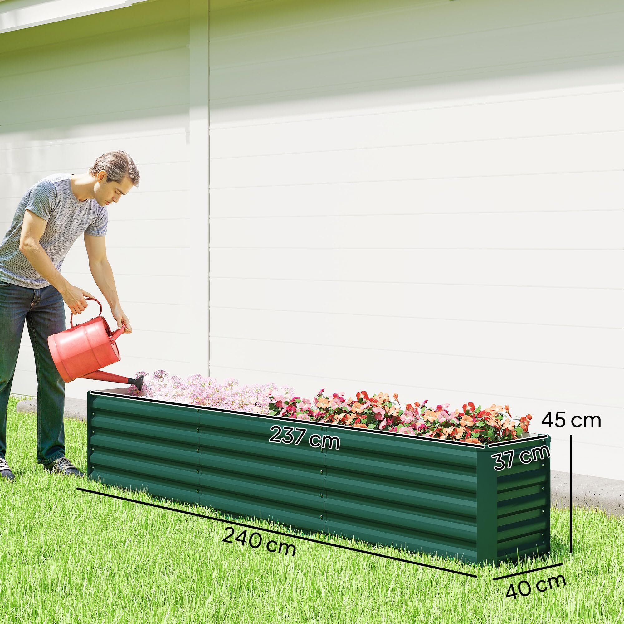 Outsunny Letto per Orto Rialzato da Esterno 394L, Fioriera da Balcone in Acciaio Galvanizzato con Fondo Aperto, per Piante, Fiori e Verdure, 240x40x45cm, Verde