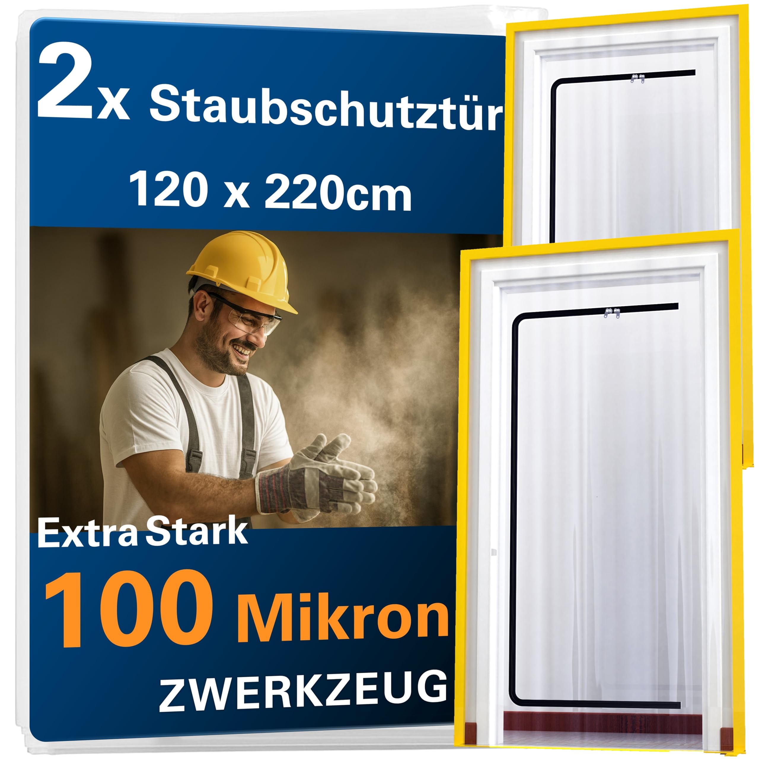 2x ZWERKZEUG® 2x Staubschutztueren mit Reissverschluss 𝟏,𝟐𝟎 𝐱 𝟐,𝟐𝟎 𝐦 extra stark 100 mikron Wasserdicht Anti-Staub Reissverschluss Tür Staubschutzwand Staubtuer
