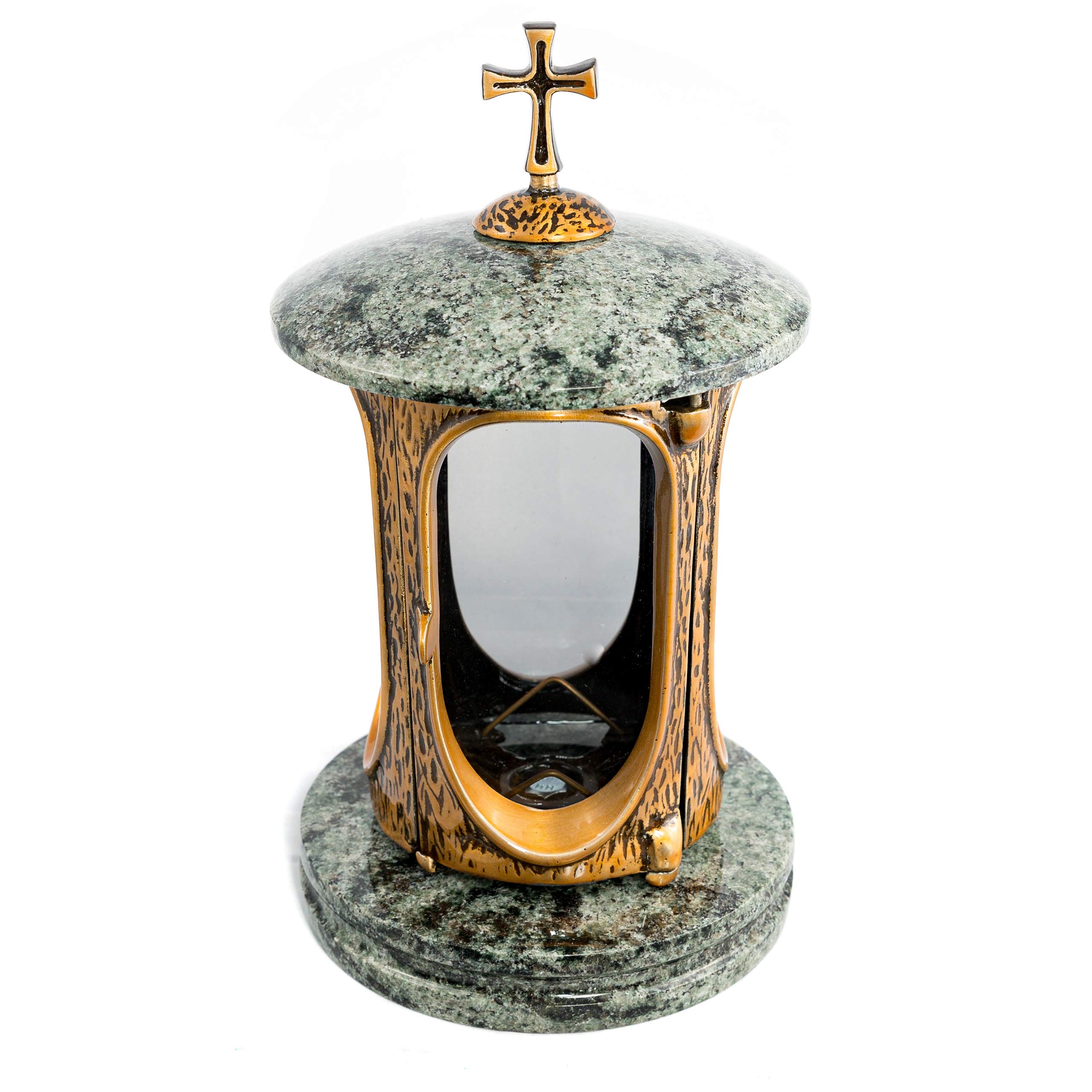 Afterglow - Farol para tumba Elégant con cruz de granito, aceituna de 27 cm de altura, 15 cm de diámetro, lámpara para tumba, lámpara de granito, bronce, con base de decoración