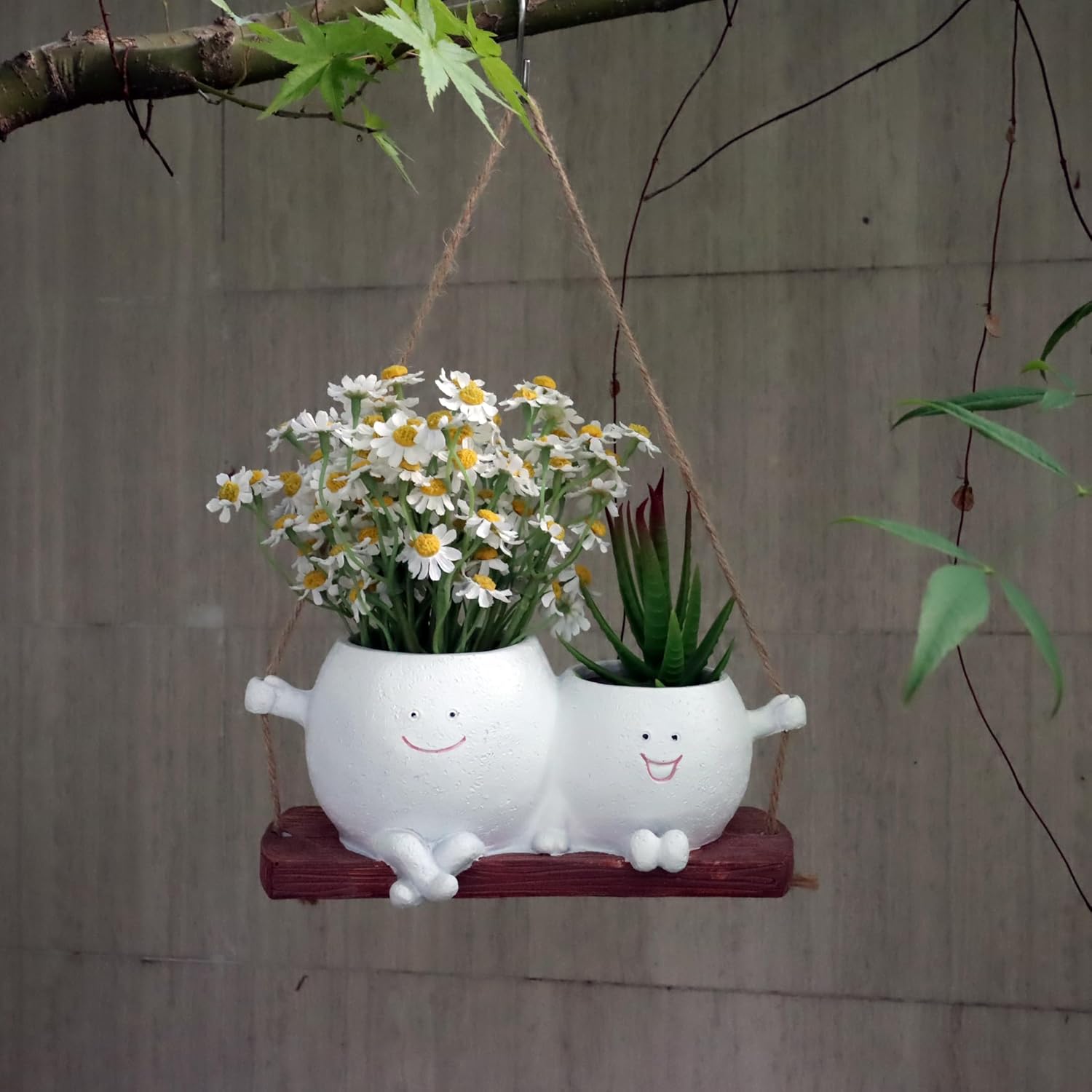 Dolkgy Cute Hanging Face Planter Pots, Funny Swinging Two Head Planters Cactus Plant Pots for Indoor Outdoor Plants, Unique Succulent Wall Planters Whimsical Flower Vase