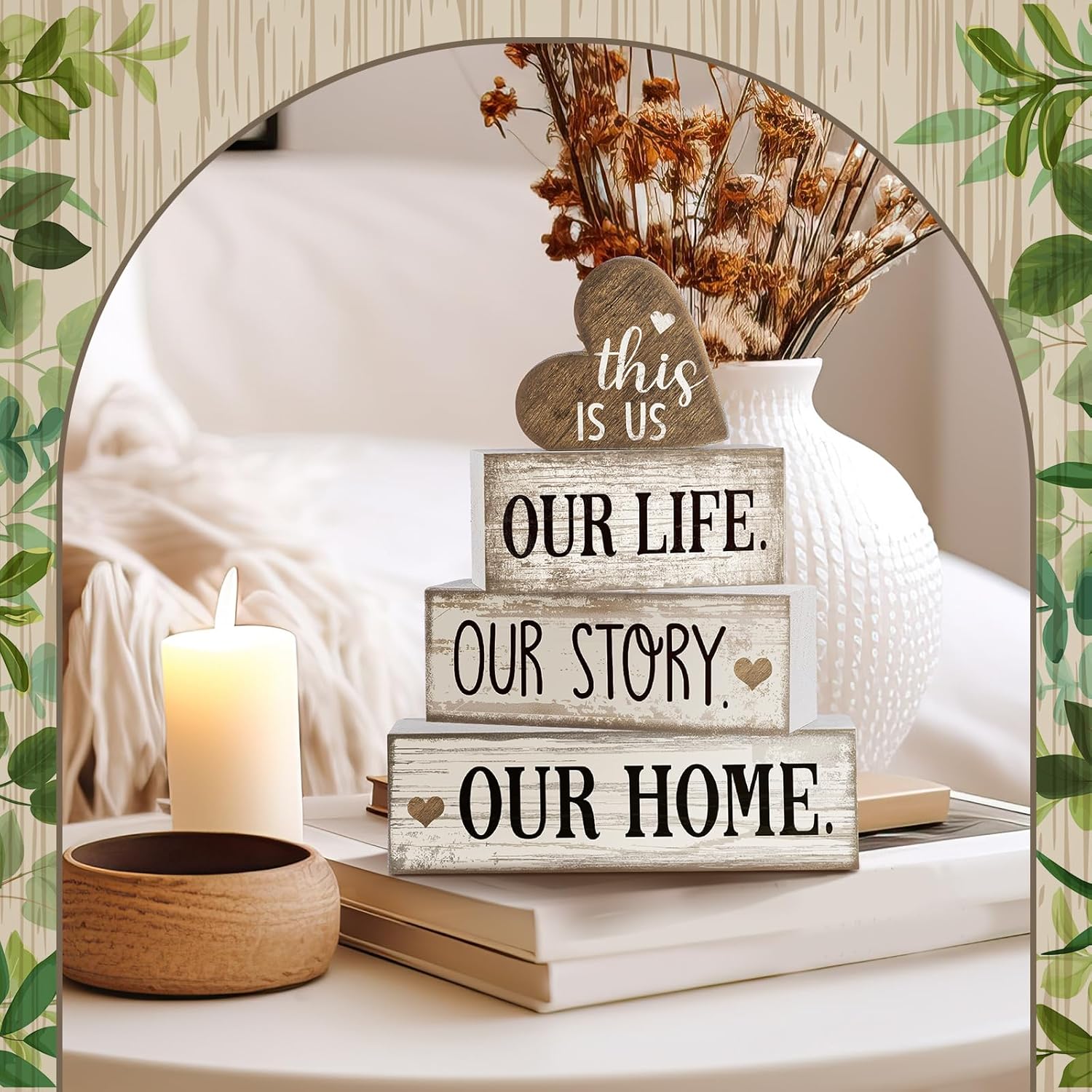 Conelist 4 Pcs Farmhouse Wooden Heart Tabletop Decor Farmhouse Tiered Tray Decor This is Us Centerpiece Decorative Rustic Our Home Block Sign Gift for Home Table Kitchen Shelf Decoration