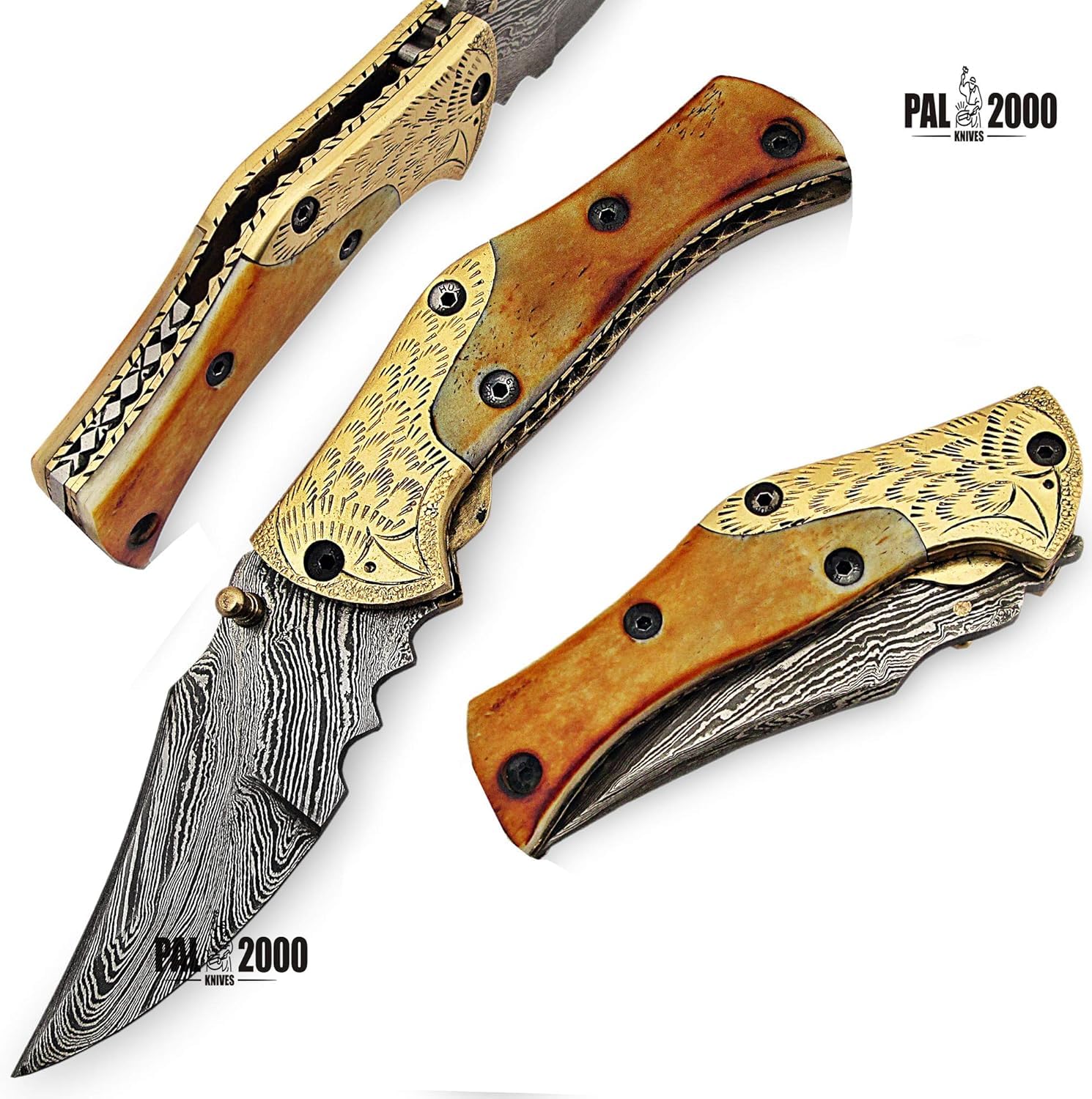 PAL 2000 KNIVES Coltello tascabile pieghevole in acciaio Damasco fatto a mano personalizzato con fodero 9863