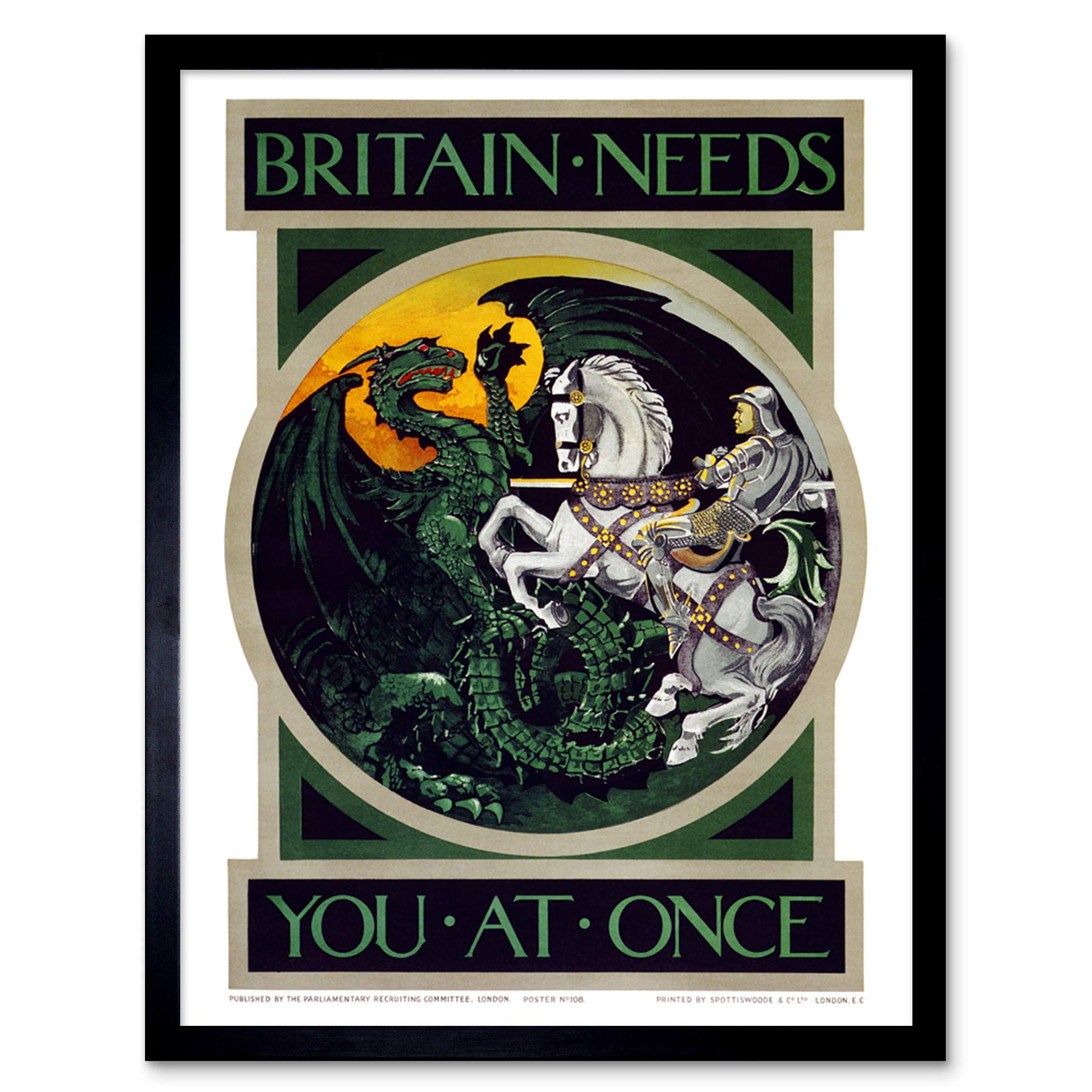 War WWI UK Britain Needs You Dragon Recruit Advert Art Print Framed Poster Wall Decor 12x16 inch