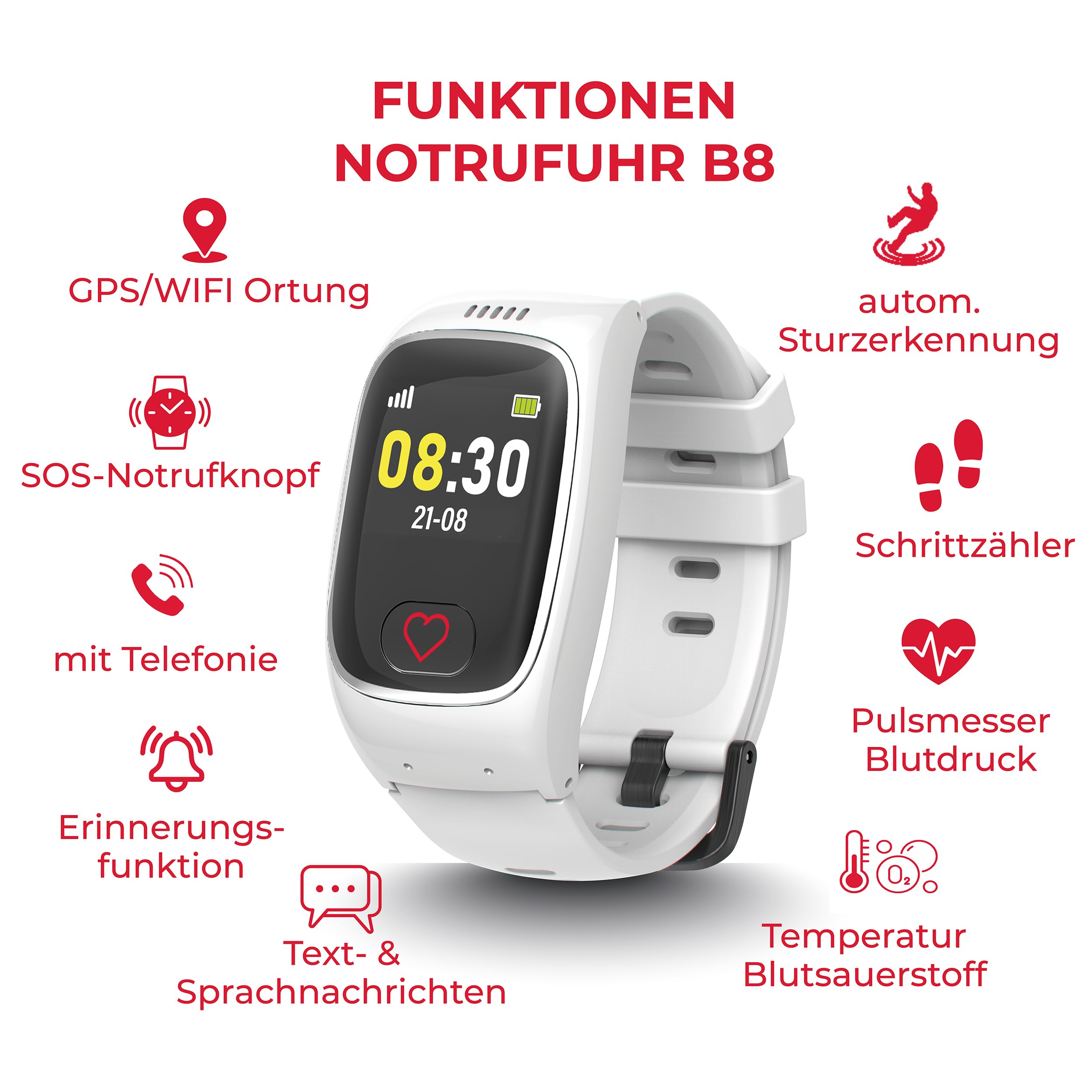 James B8 Notruf- & Sicherheitsuhr für Senioren (Weiss) mit GPS, Sturzerkennung, SOS-Knopf, Pulsmessung & Gesundheitsfunktionen, Familien-App, lauter Alarm, inkl. SIM-Karte & 2 Gratis-Monate Tarif