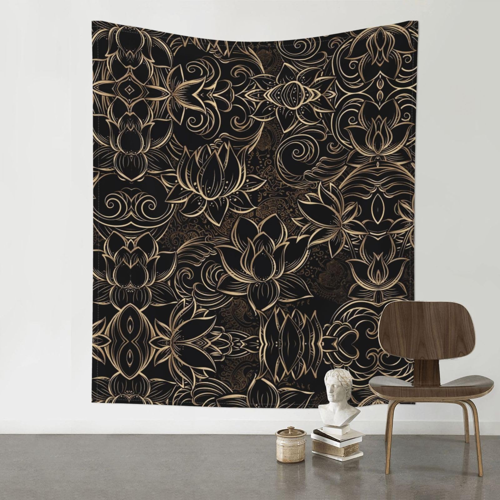 YYHWHJDE Boho Gold Lotus Flowers Prints Wall Tapestry 60x51in - High-Grade Polyester Throw Blanket for Bedroom, Dorm, Beach & Picnic Decor
