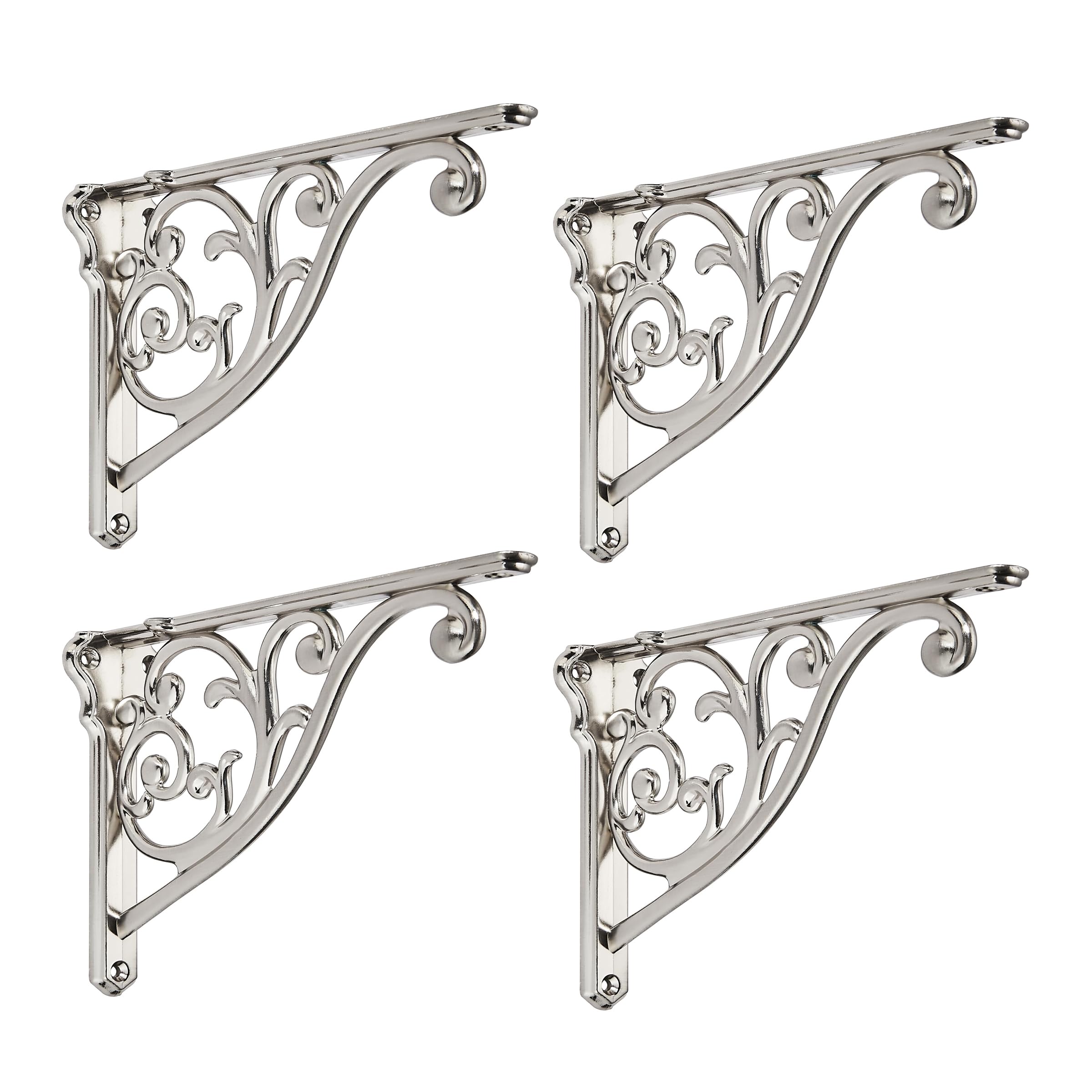 Shelf Brackets 4 Inch 4 Pack Heavy Duty Brushed Nickel Wall Bracket Victorian Kitchen Decorative Rack Shelves, Shelf Bracket Available in 8 finishes. (4, Brushed Nickel)