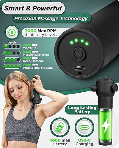 Miniatura 2 de Lunix LX28 Pistola de masaje de tejido profundo, masajeador portátil de vibración de mano para cuello, espalda y piernas, 7 cabezas y 4 velocidades,