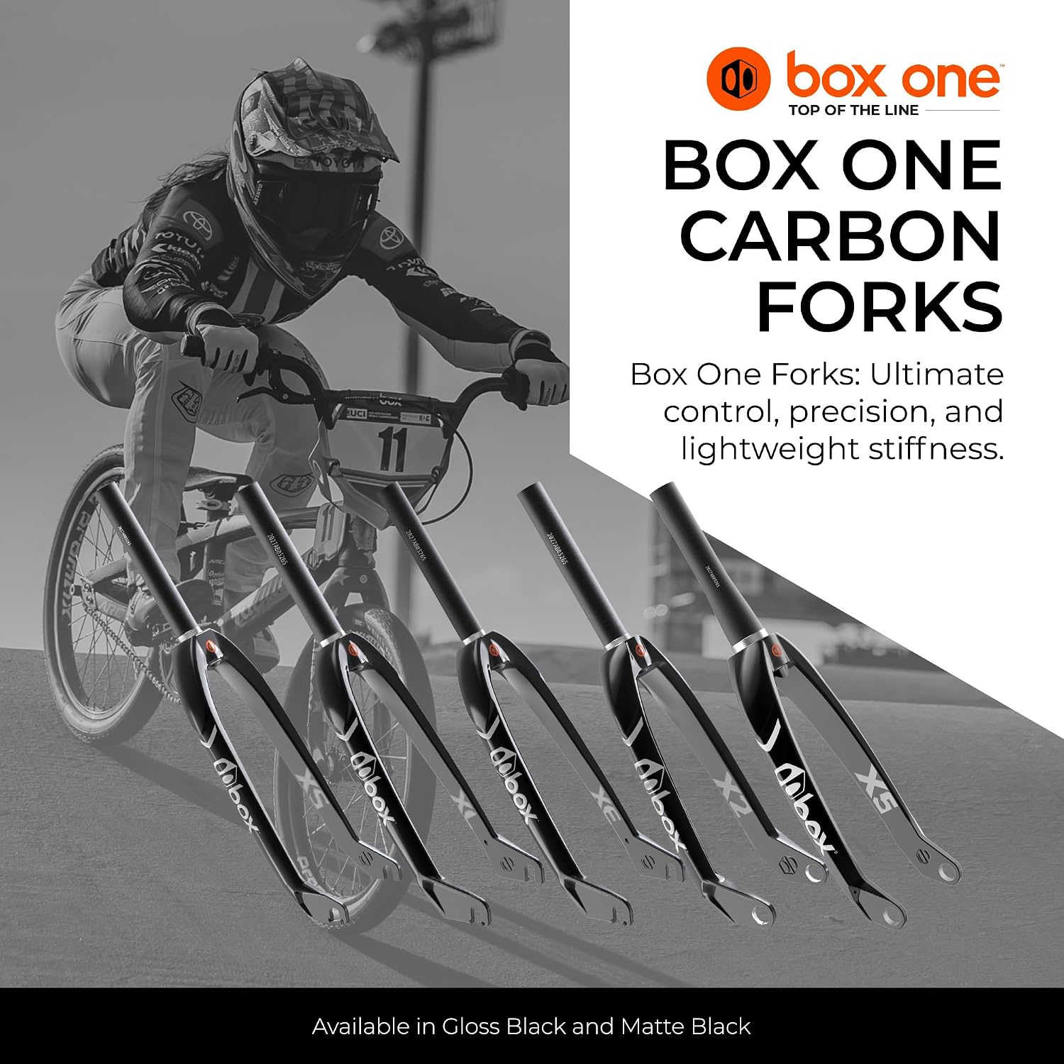 Box One X5/X2/XE/XL/XS Carbon Forks for Larger or Smaller Sized Racers 1.5 to 1-⅛ & 1 inch 7000 Series Chromoly/Tapered/Straight Steerer Tube and and 20/10mm Axle Stem Lock/Fork Adapters