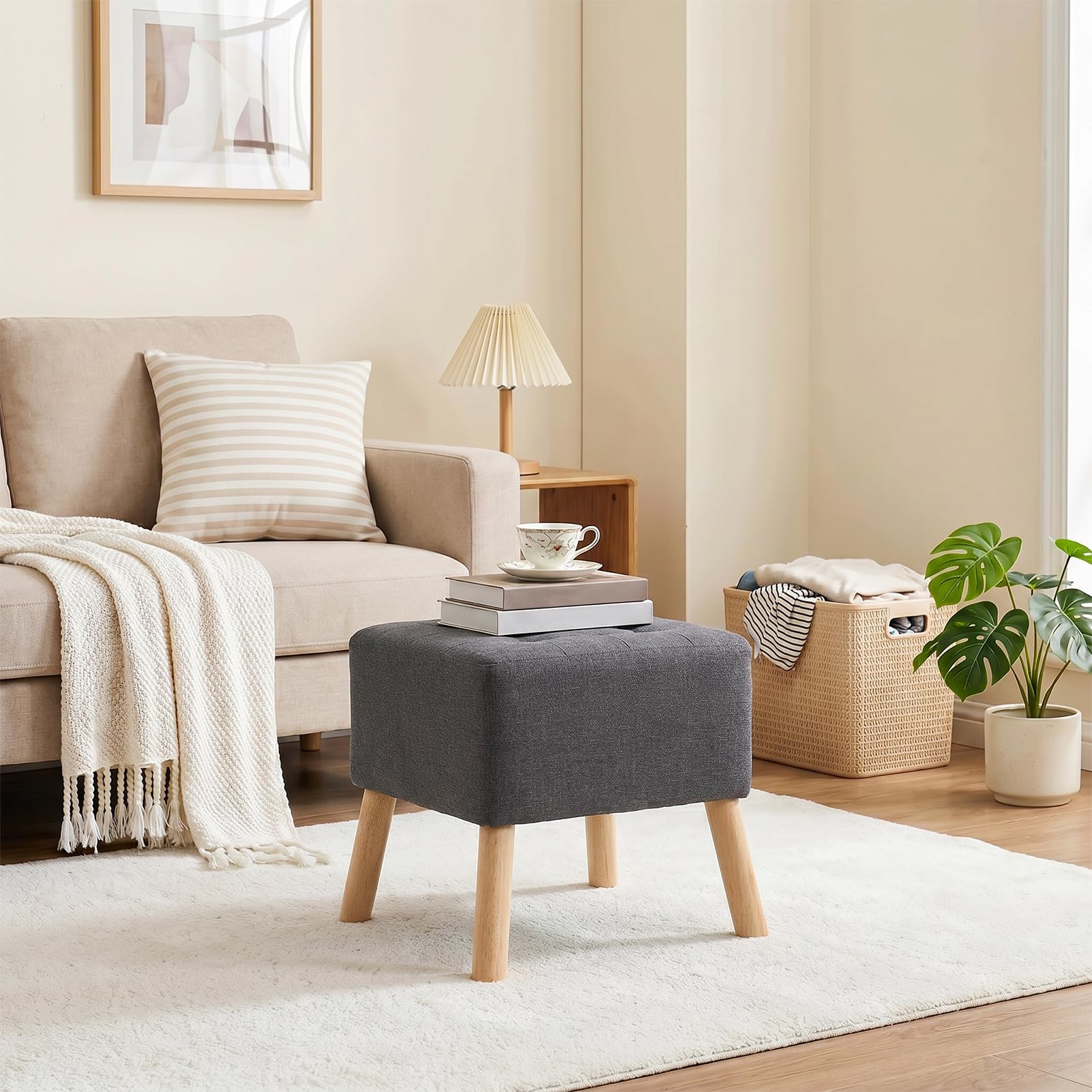 Warmiehomy 41cm Linen Fabric Square Footstool, Small Pouffe Stool Upholstered Footstool with Wooden Legs, Foot Rest Ottoman for Living Room, Dark Grey（41 * 41 * 41cm）