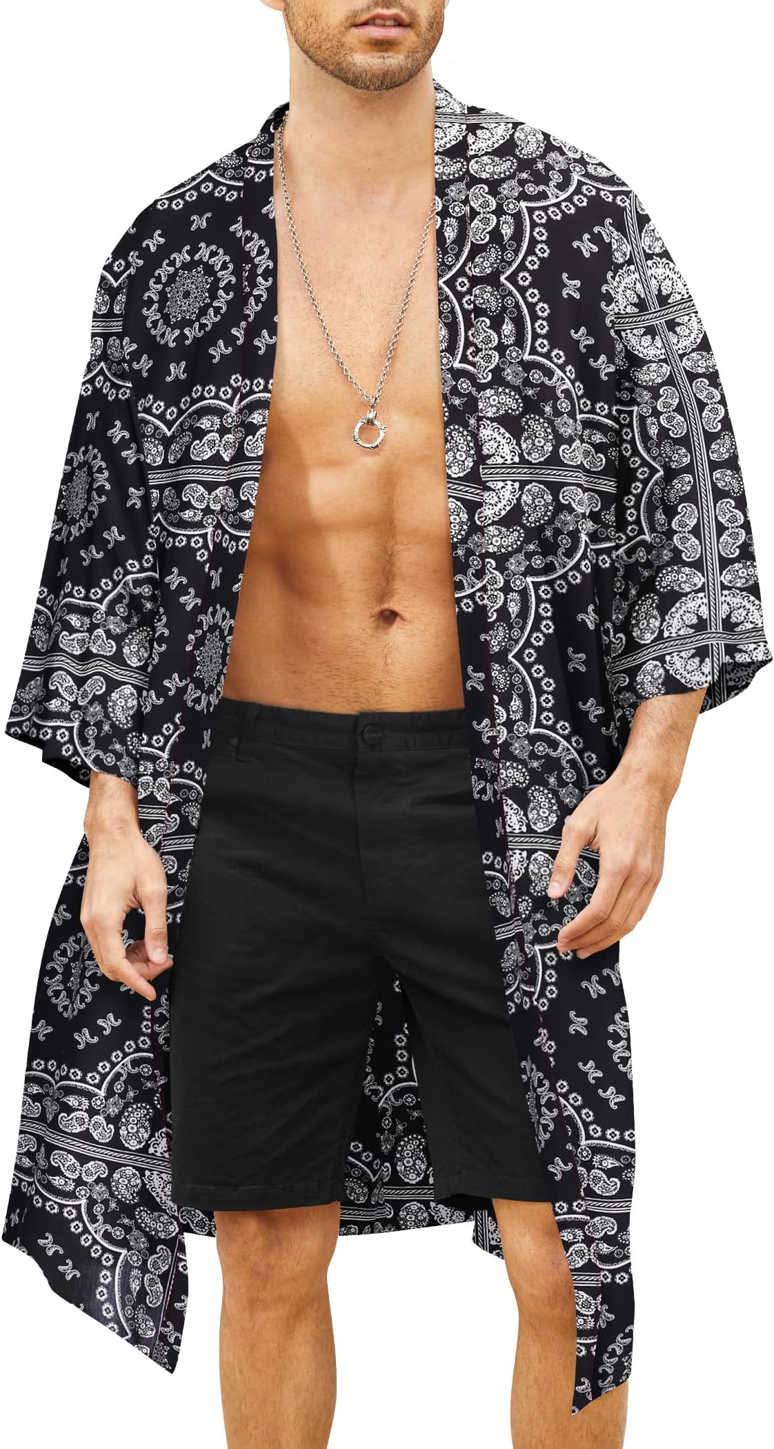 COOFANDYMen's Lightweight Kimono Robe Jacket Printed Japanese Style Bathrobes Casual Open Front Long Cardigan Coat Outwear