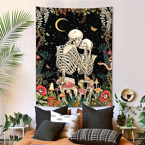 Miniatura 5 de Fungarth Tapiz de esqueleto, diseño de hongos, calavera, plantas botánicas, tapices florales estéticos para dormitorio, amantes de los besos, tapiz