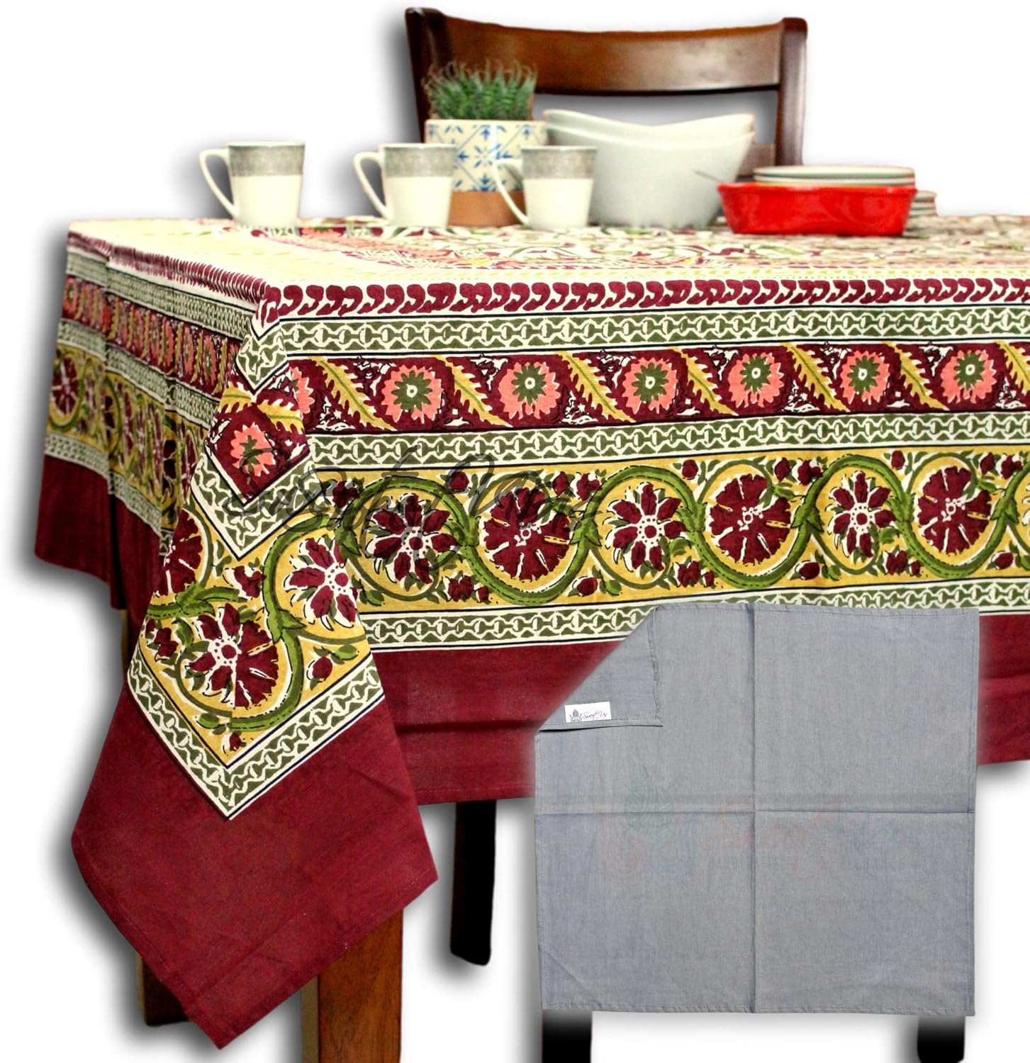 Sweet Us Cotton Sunflower Bliss Floral Tablecloth for Rectangle Tables and One Plain Napkin, Floral Kitchen Dining Table Cloth, Table Cover for Indoor and Outdoors, Plum Wine, 88 x 104 in