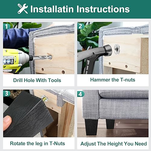 Miniatura 5 de Pernos de rosca métrica M8-1.25, patas de plástico para muebles de 6-38 pulgadas, patas de sofá cuadradas negras con tuercas en T, repuesto de patas