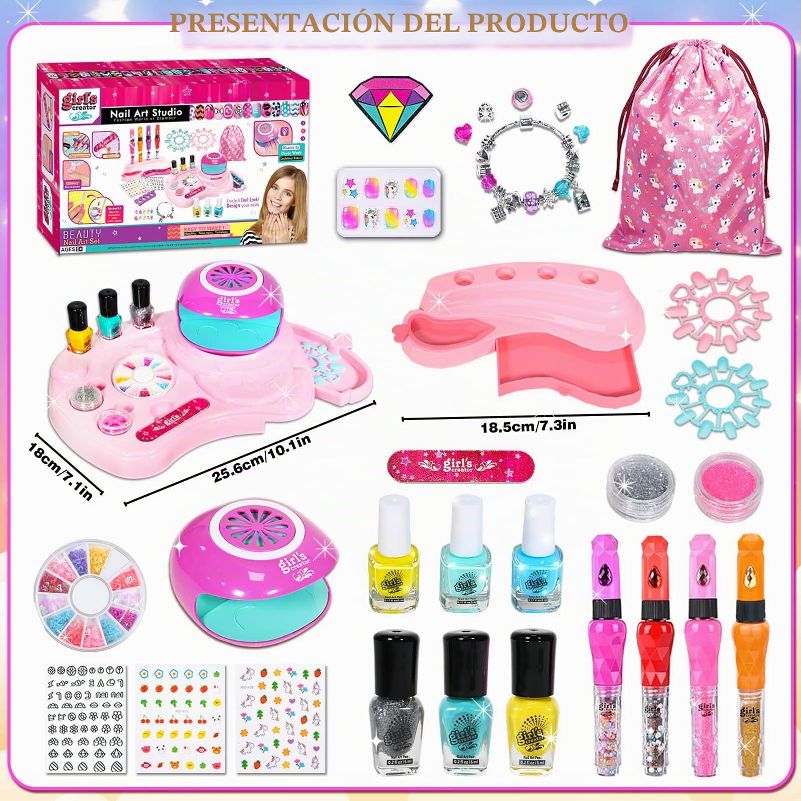 Set Manicura Niñas, Kit Arte de uñas para Niños, Kit Pintauñas Niñas, Juegos Salón Manicura Fluorescente, Estudio Uñas Juego Maquillaje con Postizas, Regalo 6 7 8 9 10 Años