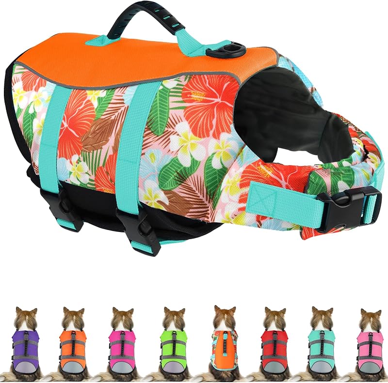Colete Salva-Vidas para Cães Mklhgty com Estampa Havaiana, Alça de Resgate e Ajuste Regulável Floral Orange, XL