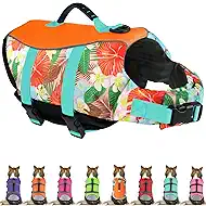 Mklhgty Hawaiian Dog Life Jacket - Adjustable Ripstop Vest with Rescue Handle for Swimming Boating, High-Flotation Safety Device for Small Medium Large Dogs (Floral Orange, XL)